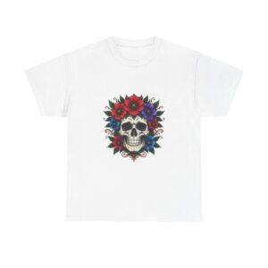 Floral Skull Tee – Unisex Heavy Cotton T-Shirt, Casual Graphic Tee, Gift for Halloween, Punk Aesthetic Apparel, Rocker Style Shirt