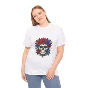 Floral Skull Tee – Unisex Heavy Cotton T-Shirt, Casual Graphic Tee, Gift for Halloween, Punk Aesthetic Apparel, Rocker Style Shirt