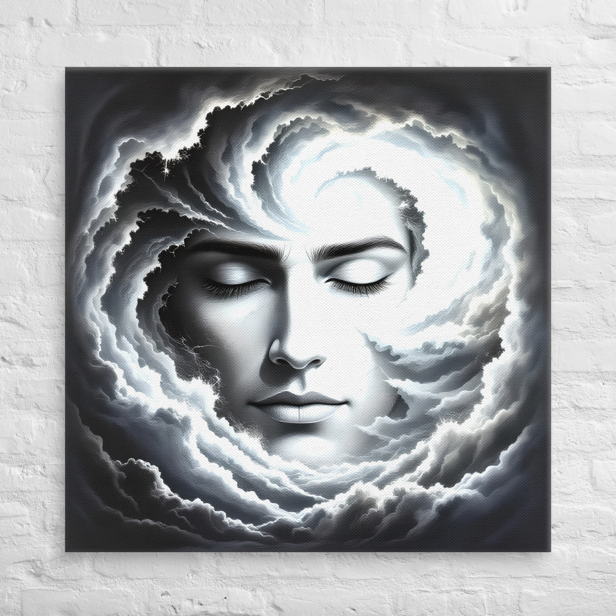 37 × 37-inch Calm Amidst the Storm canvas wall art showing a serene face with closed eyes surrounded by swirling black-and-white storm clouds.