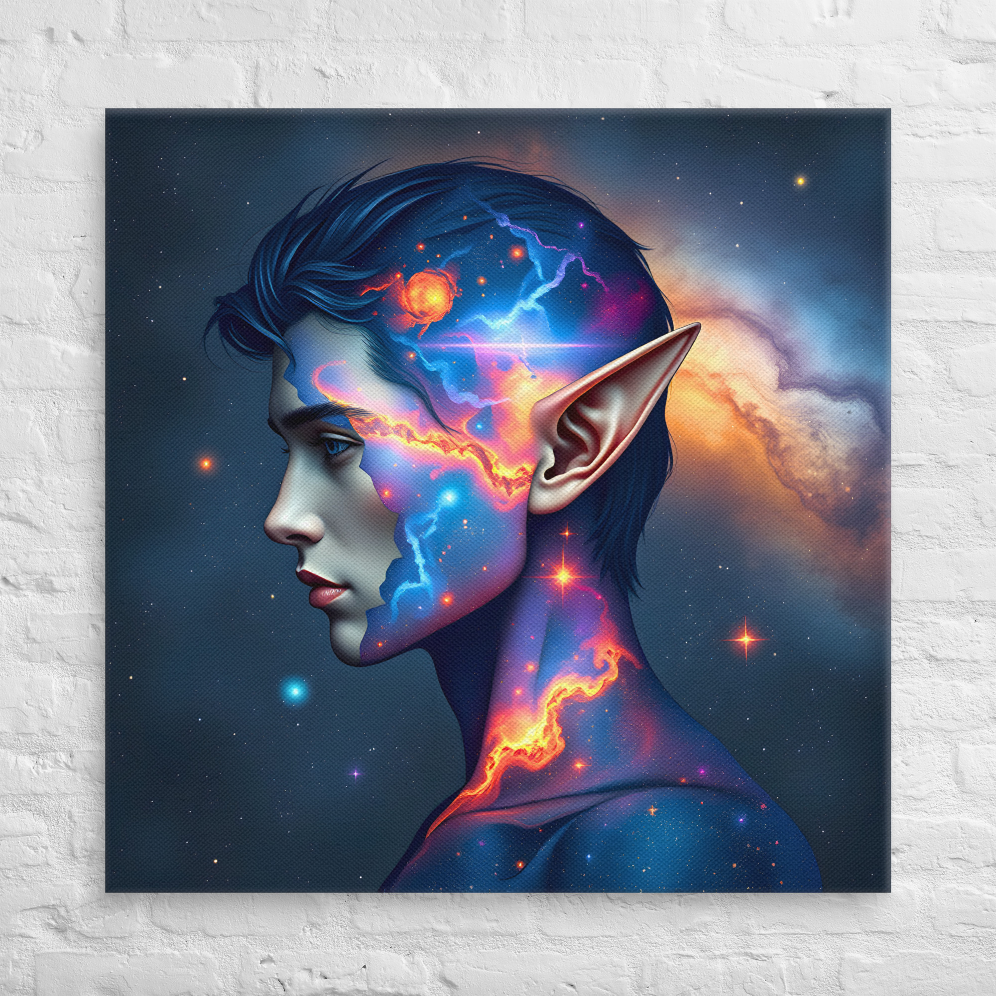 37 × 37-inch celestial elf canvas wall art showing an elf in side profile with a pointed ear, glowing blue and orange cosmic patterns, and a starry background.