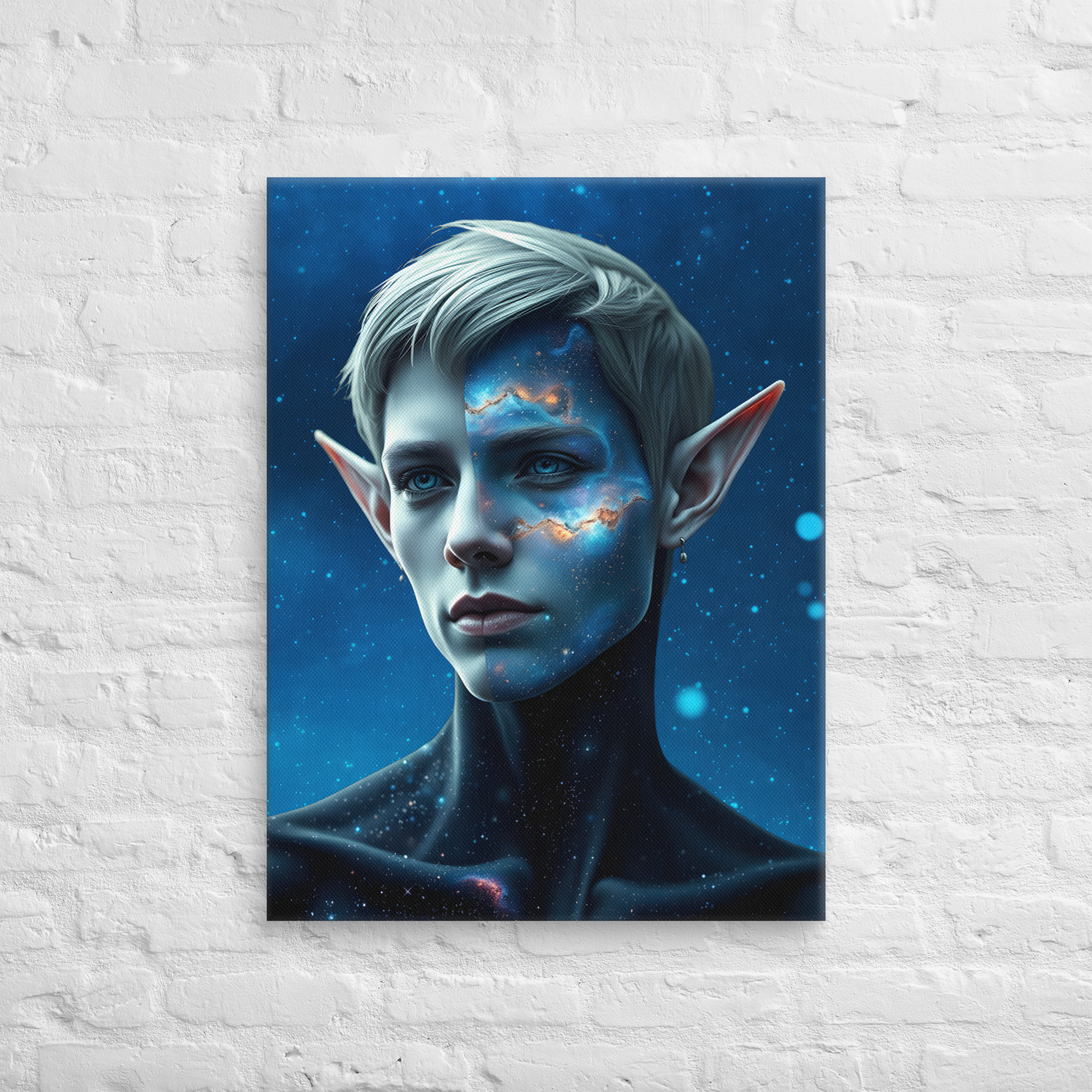 24 × 32-inch elf portrait canvas print featuring silver hair, pointed ears and blue facial markings against a dark blue background.