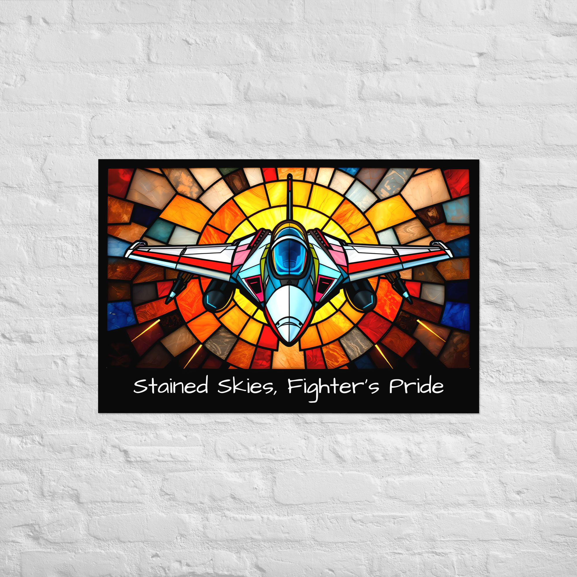 24 × 36-inch fighter jet poster in stained glass style, showing a front-facing jet against colourful glass patterns with the words “Stained Skies, Fighter’s Pride.”