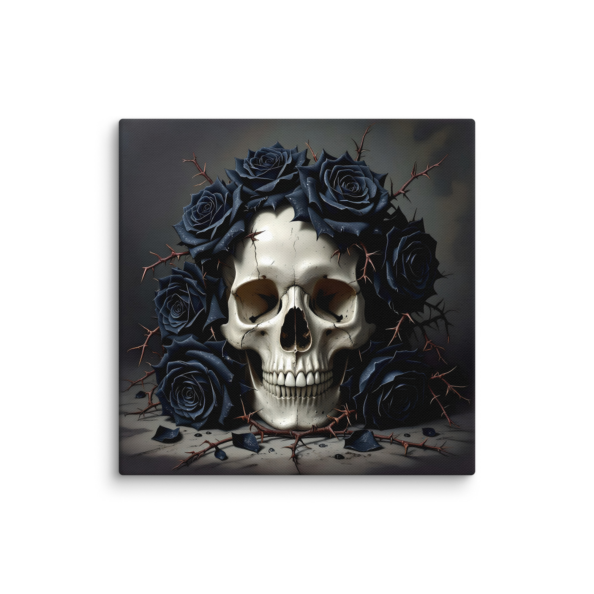 Haunting Skull Wall Art – Gothic Canvas for Horror Lovers 5 16 × 16-inch gothic skull canvas wall art showing a human skull surrounded by black roses and thorny branches against a dark grey background.