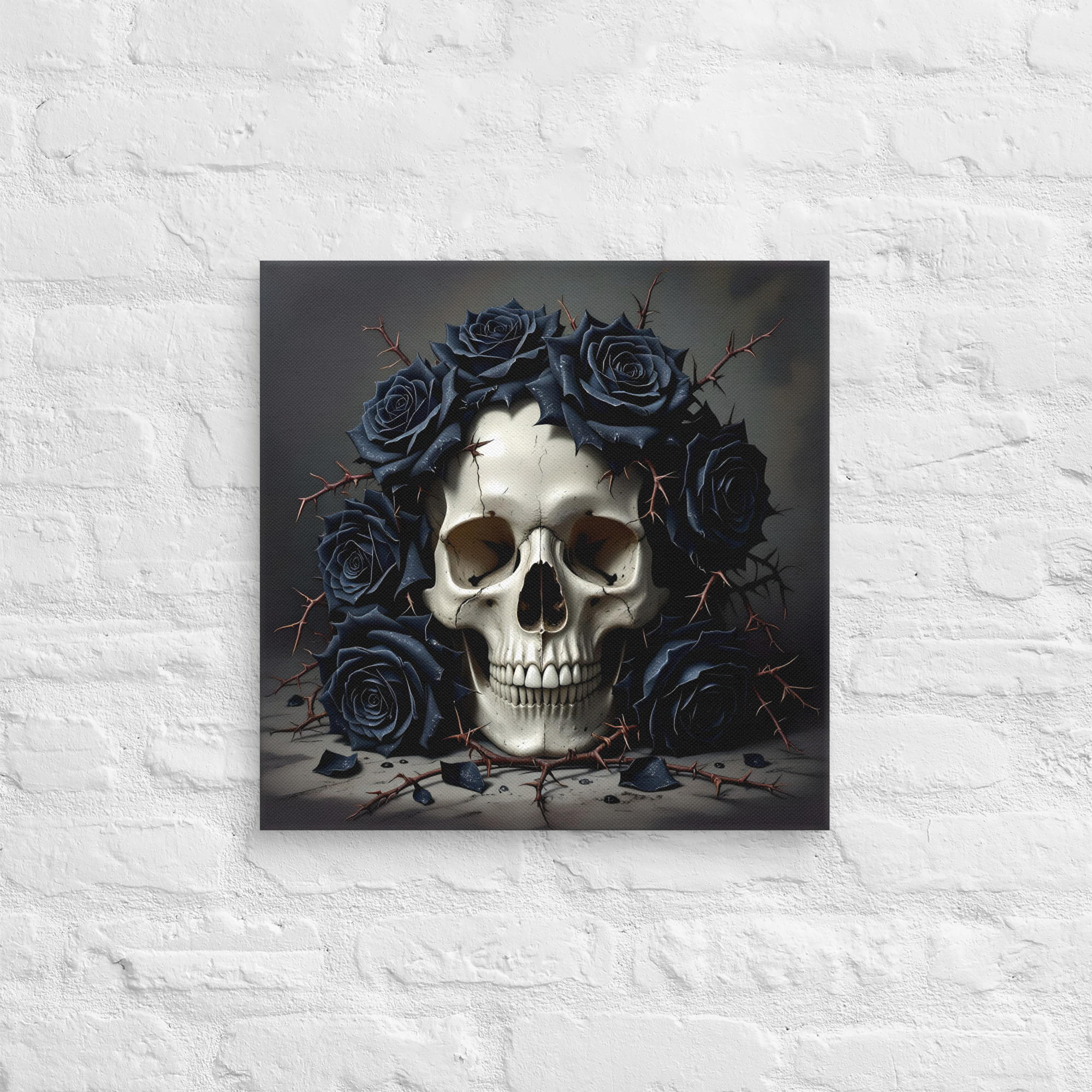 Haunting Skull Wall Art – Gothic Canvas for Horror Lovers 6 18 × 18-inch gothic skull canvas wall art showing a human skull surrounded by black roses and thorny branches against a dark grey background.