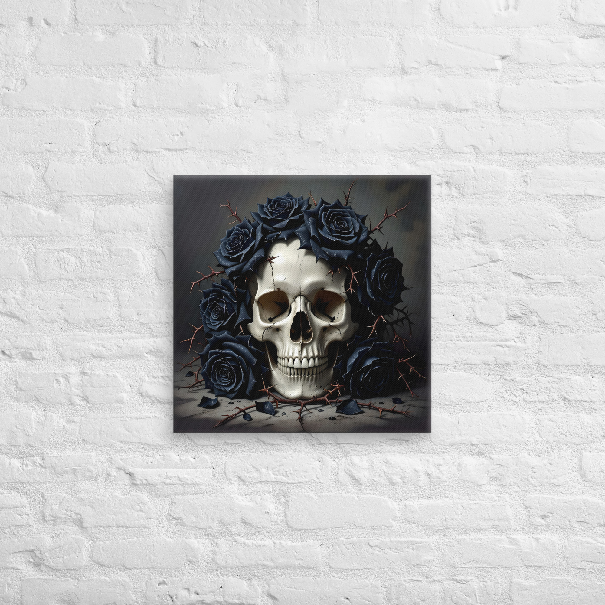 Haunting Skull Wall Art – Gothic Canvas for Horror Lovers 7 20 × 20-inch gothic skull canvas wall art showing a human skull surrounded by black roses and thorny branches against a dark grey background.