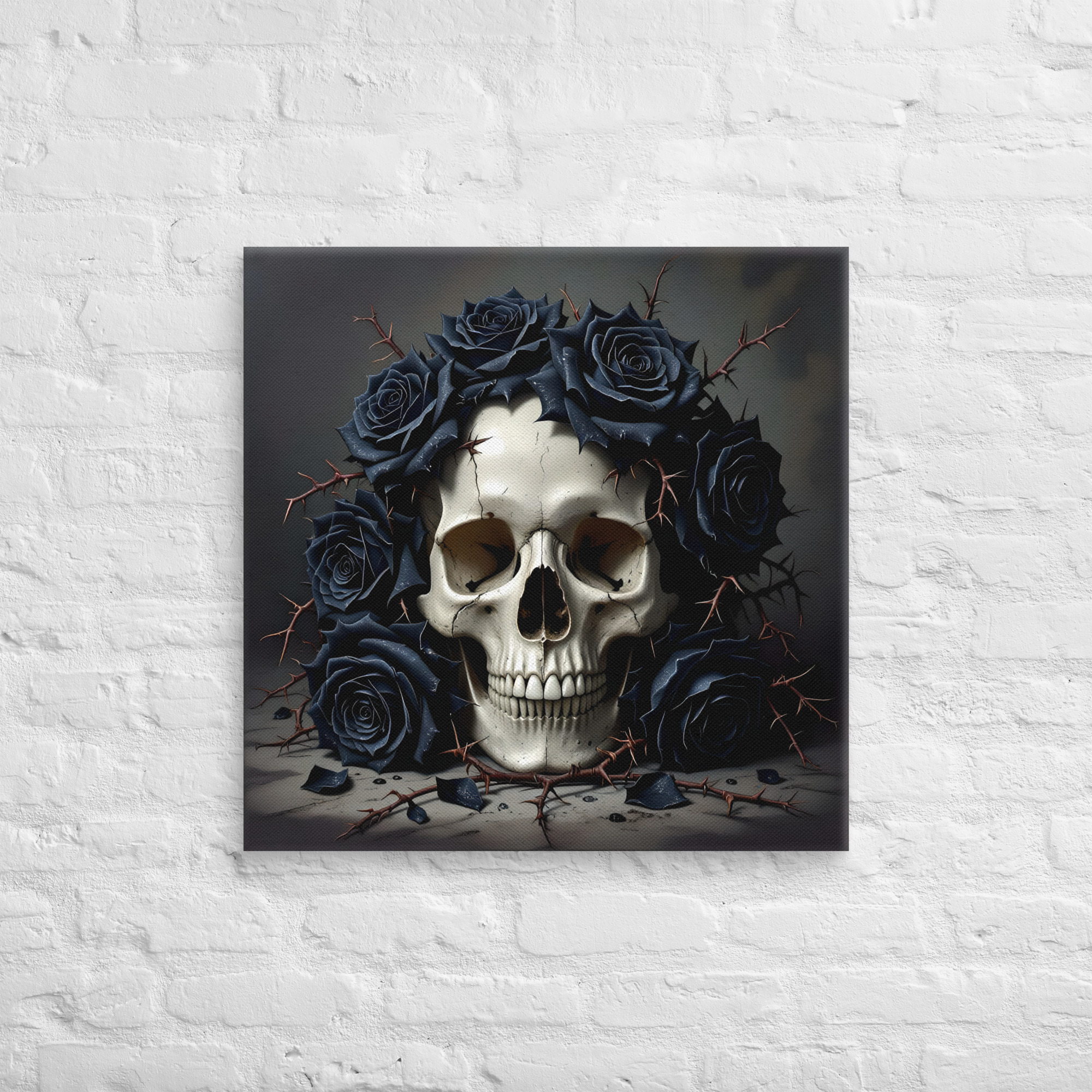 Haunting Skull Wall Art – Gothic Canvas for Horror Lovers 8 26 × 26-inch gothic skull canvas wall art showing a human skull surrounded by black roses and thorny branches against a dark grey background.