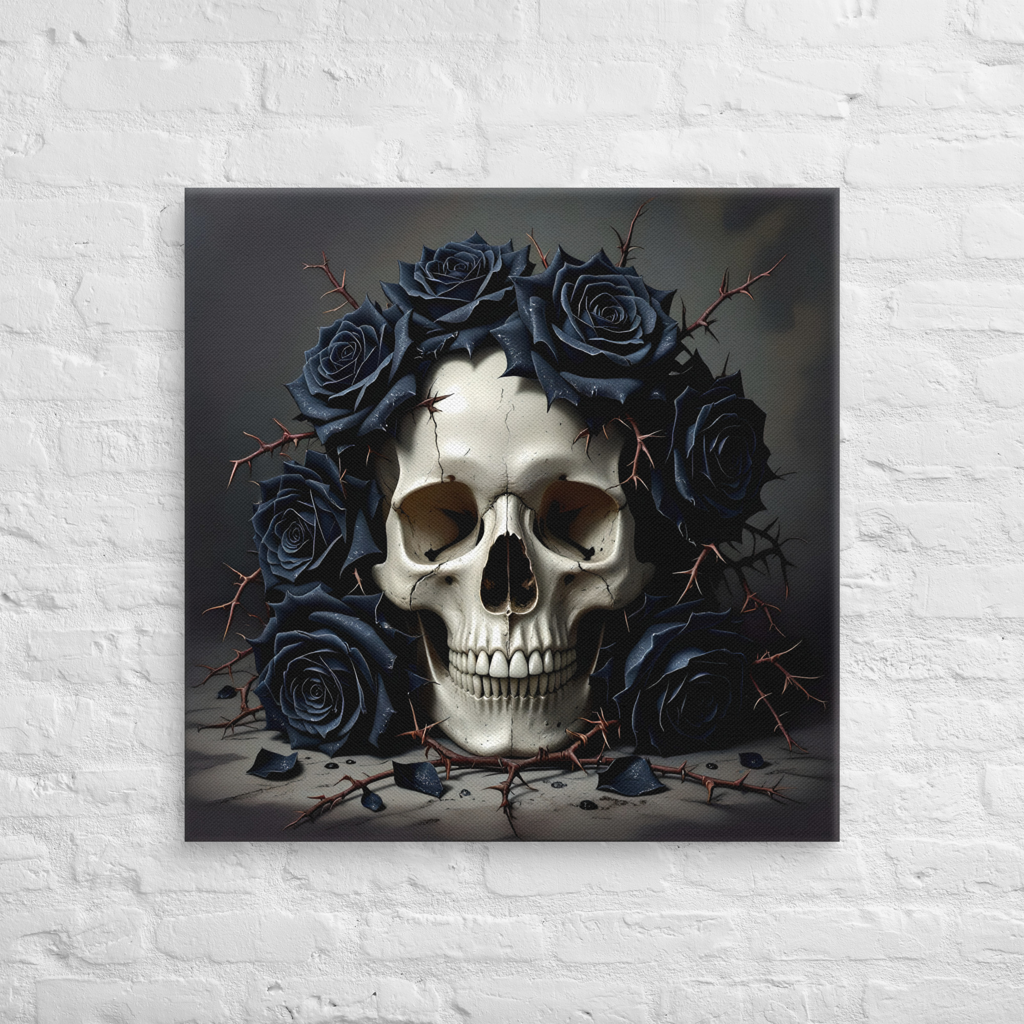 Haunting Skull Wall Art – Gothic Canvas for Horror Lovers 9 30 × 30-inch gothic skull canvas wall art showing a human skull surrounded by black roses and thorny branches against a dark grey background.
