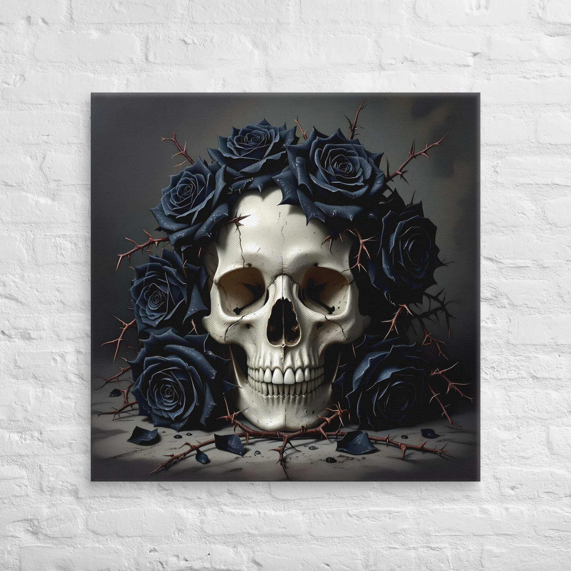Haunting Skull Wall Art – Gothic Canvas for Horror Lovers 10 32 × 32-inch gothic skull canvas wall art showing a human skull surrounded by black roses and thorny branches against a dark grey background.