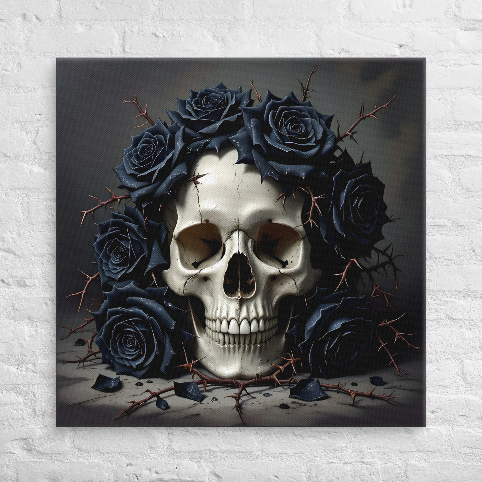 Haunting Skull Wall Art – Gothic Canvas for Horror Lovers 3 36 × 36-inch gothic skull canvas wall art showing a human skull surrounded by black roses and thorny branches against a dark grey background.