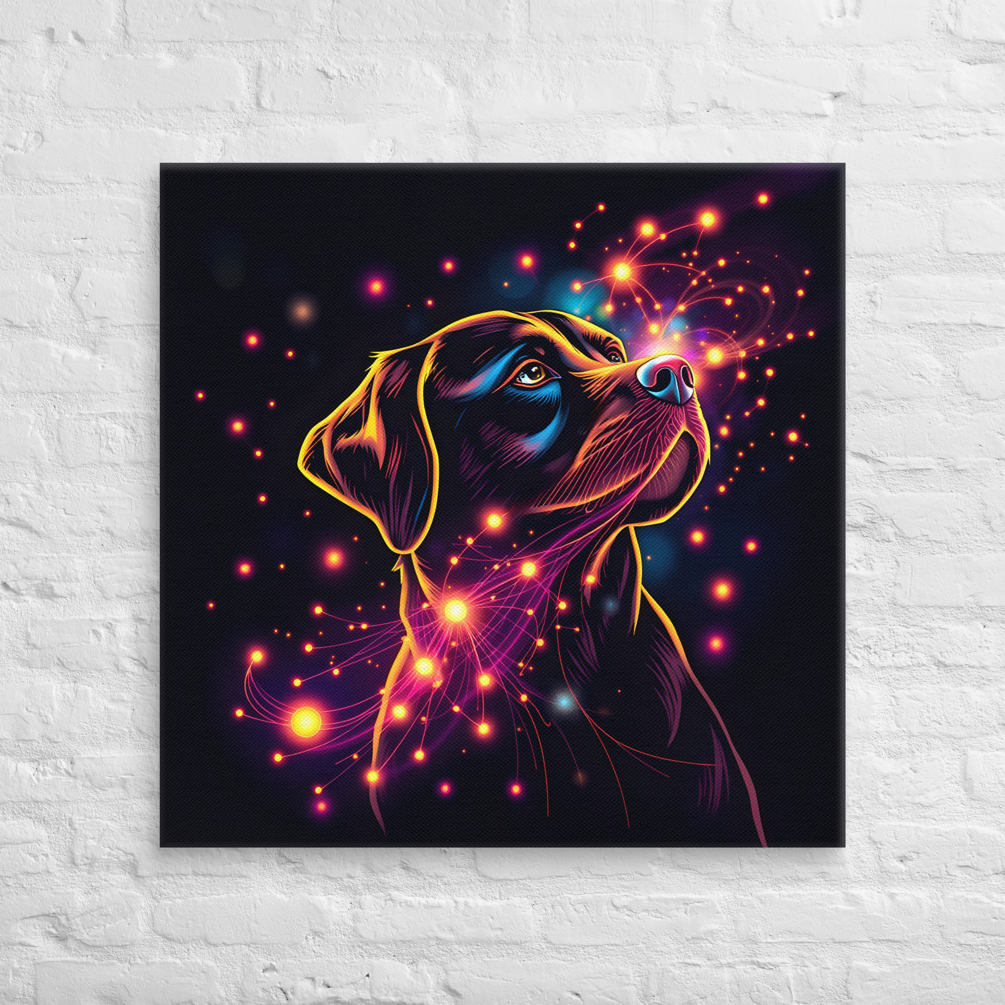 Labrador Wall Art | Man’s Best Friend 2 32 × 32-inch Labrador retriever canvas wall art showing a dog looking upward, outlined in vibrant colours and surrounded by glowing stars against a dark background.