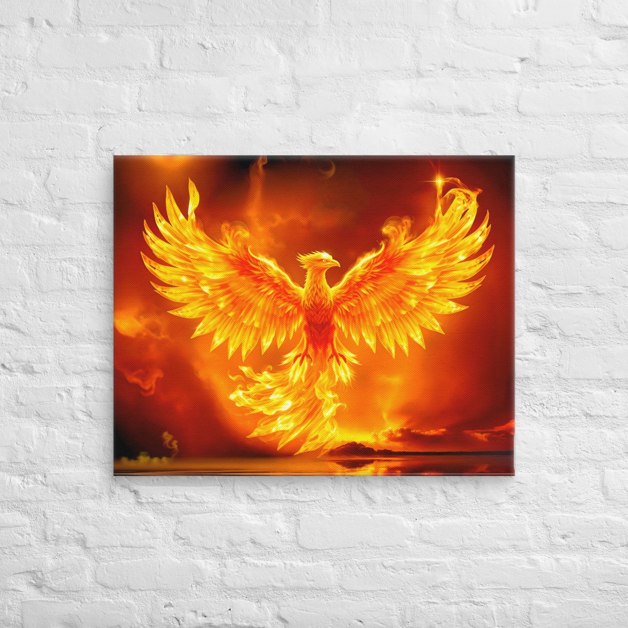 24 × 30-inch phoenix canvas wall art showing a golden bird with raised wings against a fiery orange-red background.