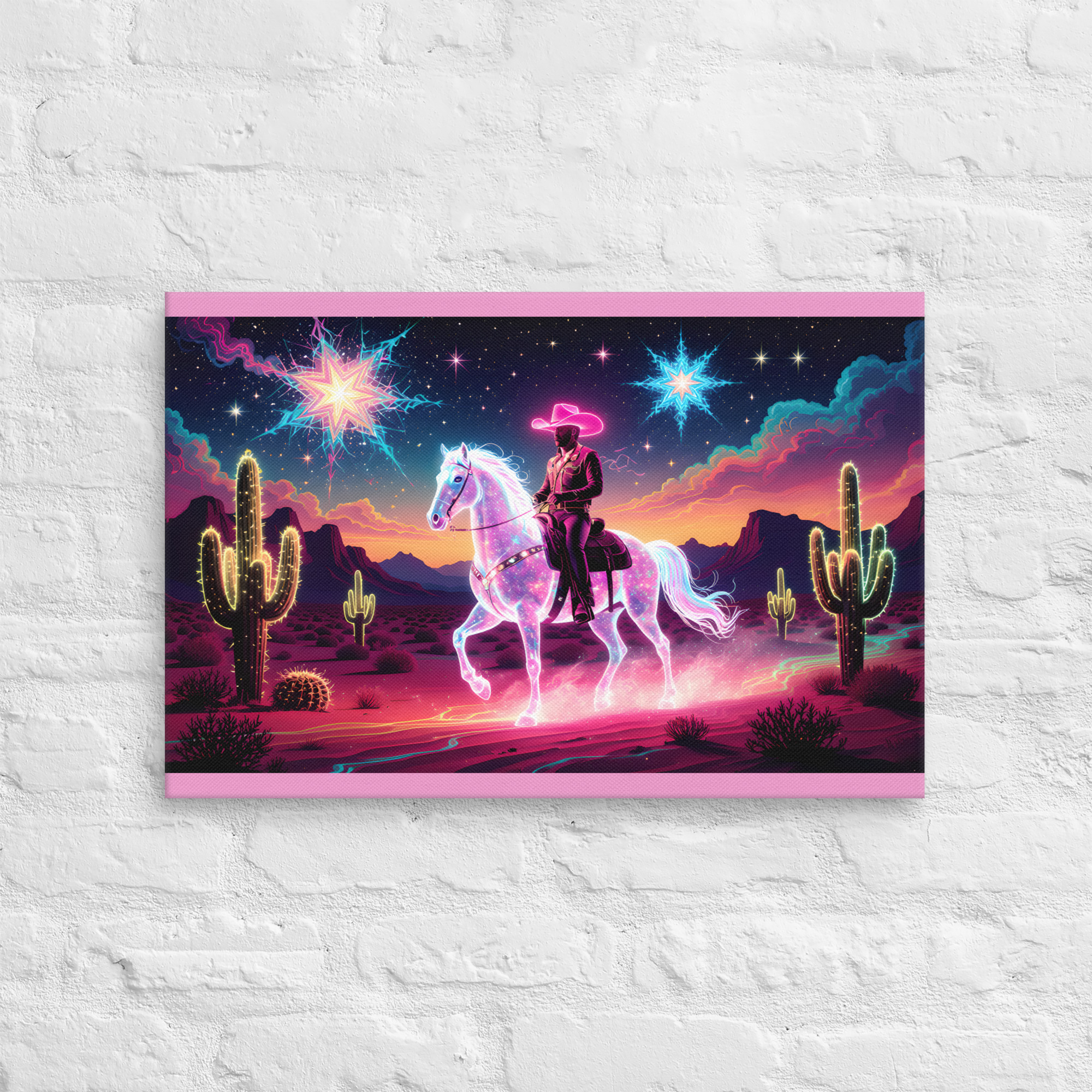 Psychedelic Cowboy Wall Art 5 16 × 24-inch psychedelic cowboy wall art showing a cowboy riding a glowing horse through a cactus-filled desert beneath colourful stars.