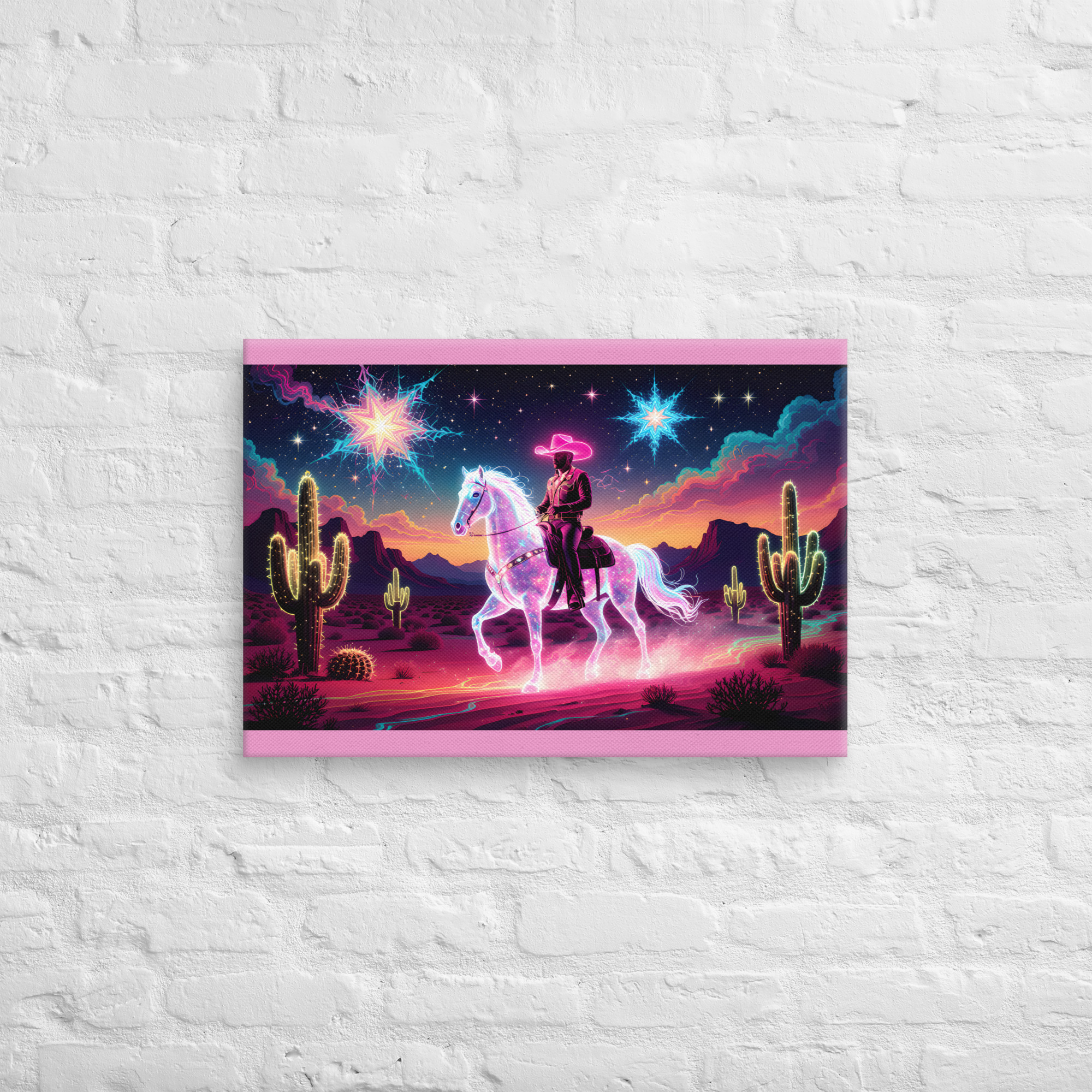 Psychedelic Cowboy Wall Art 6 18 × 26-inch psychedelic cowboy wall art showing a cowboy riding a glowing horse through a cactus-filled desert beneath colourful stars.