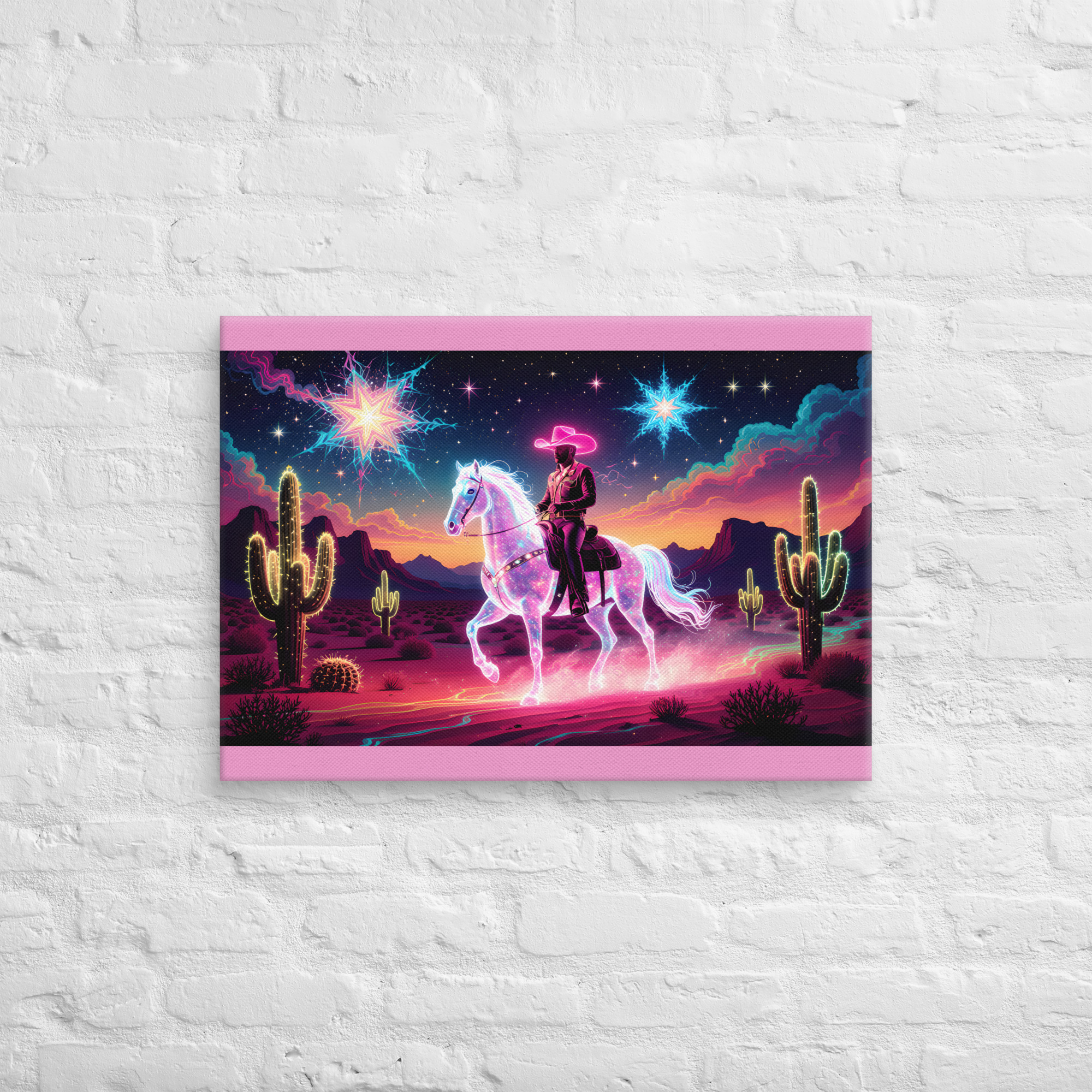 Psychedelic Cowboy Wall Art 7 20 × 28-inch psychedelic cowboy wall art showing a cowboy riding a glowing horse through a cactus-filled desert beneath colourful stars.