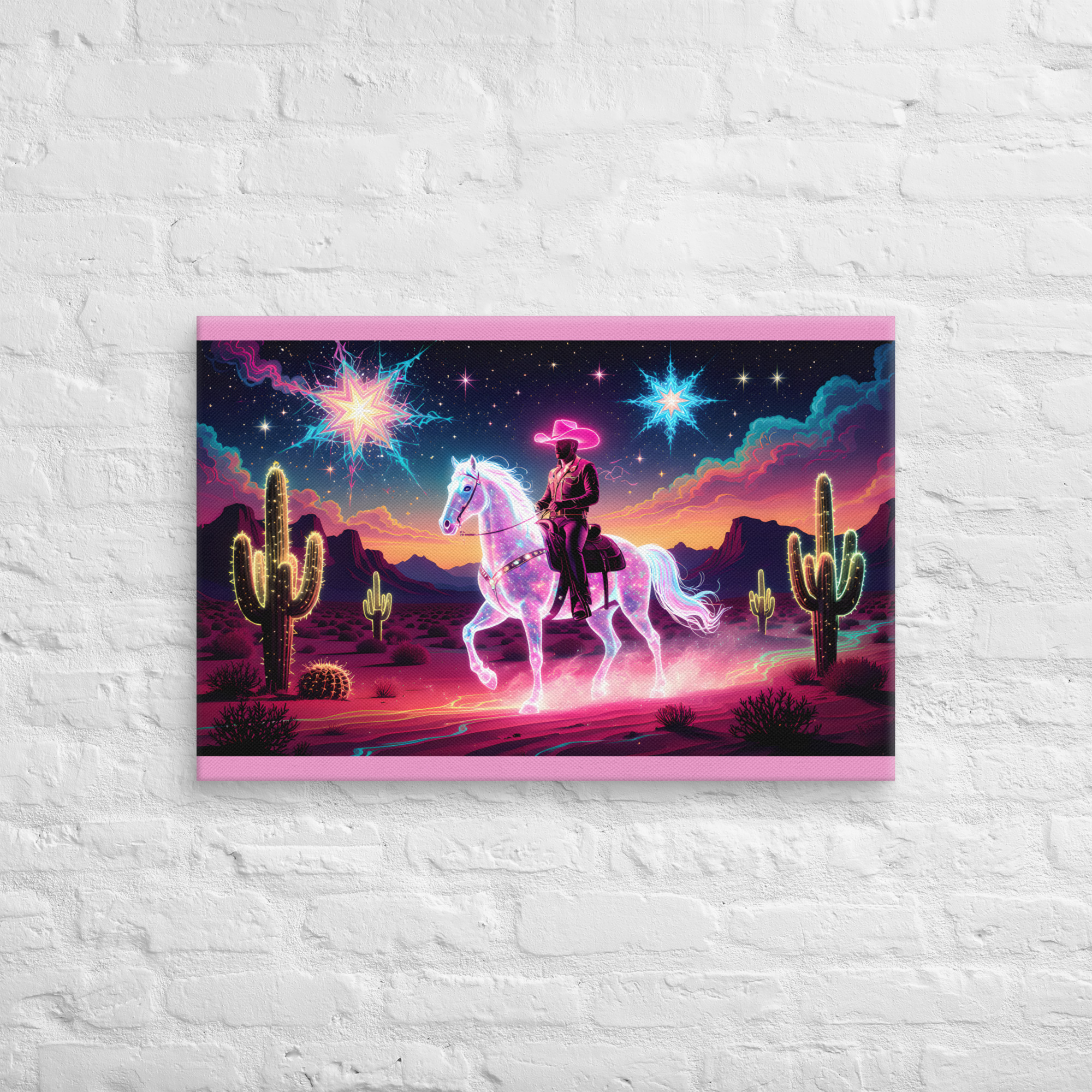 Psychedelic Cowboy Wall Art 8 20 × 30-inch psychedelic cowboy wall art showing a cowboy riding a glowing horse through a cactus-filled desert beneath colourful stars.