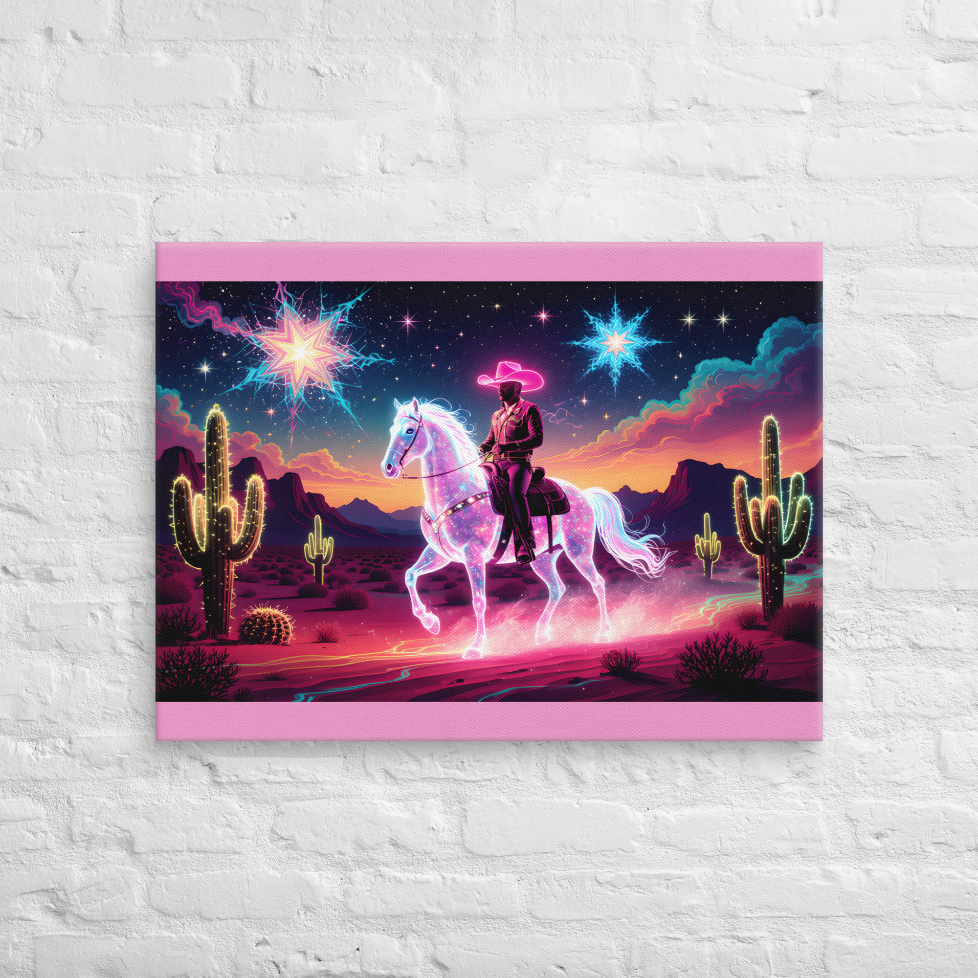 Psychedelic Cowboy Wall Art 9 24 × 32-inch psychedelic cowboy wall art showing a cowboy riding a glowing horse through a cactus-filled desert beneath colourful stars.