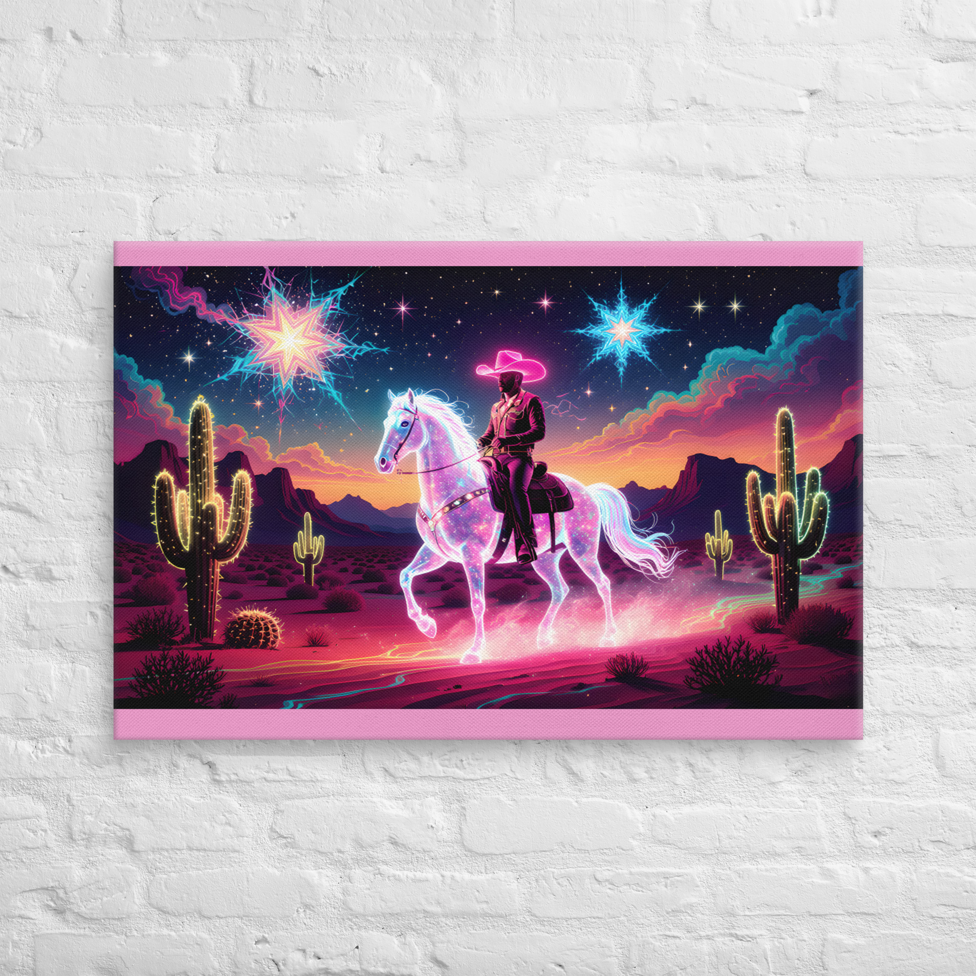 Psychedelic Cowboy Wall Art 14 24 × 36-inch psychedelic cowboy wall art showing a cowboy riding a glowing horse through a cactus-filled desert beneath colourful stars.