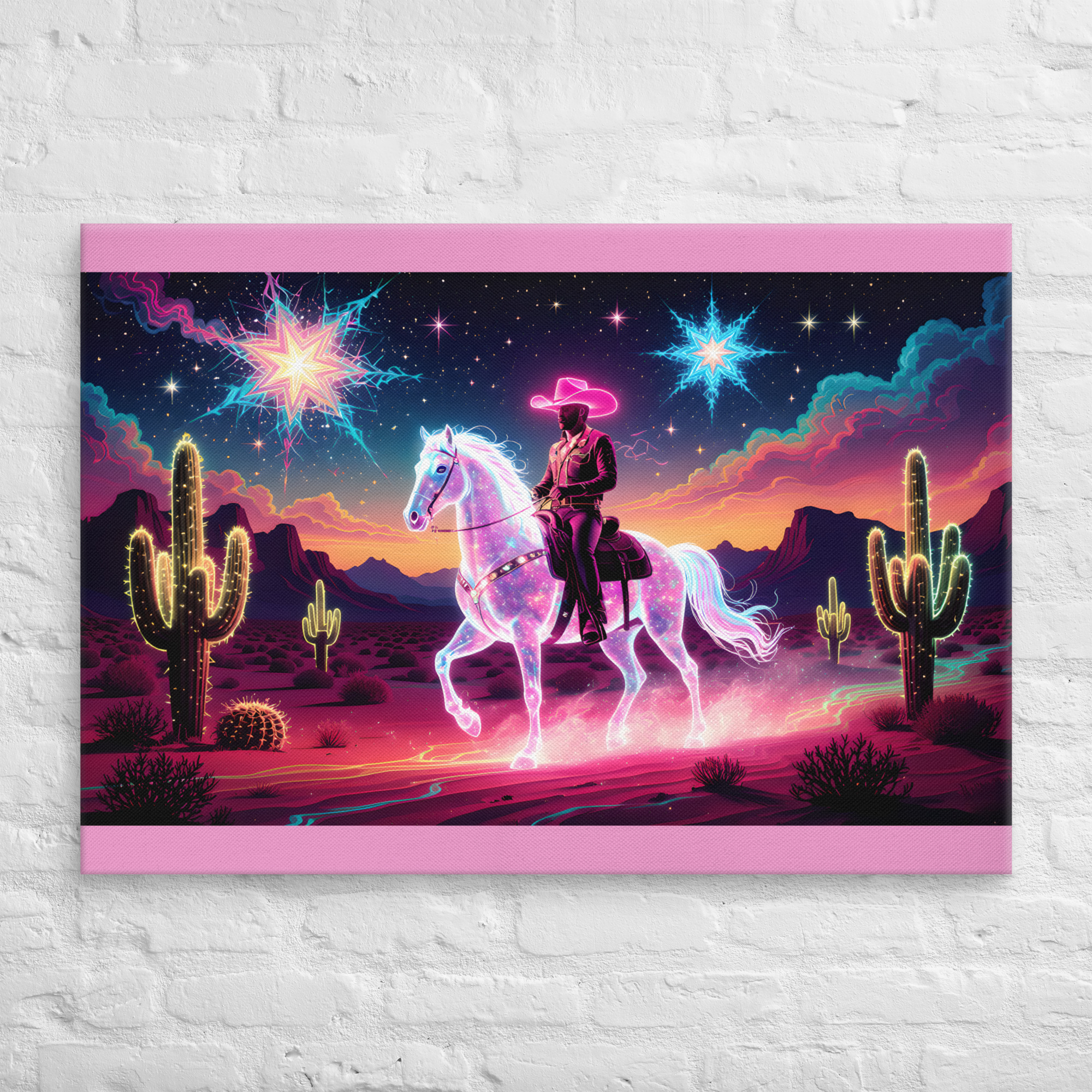 Psychedelic Cowboy Wall Art 11 28 × 40-inch psychedelic cowboy wall art showing a cowboy riding a glowing horse through a cactus-filled desert beneath colourful stars.