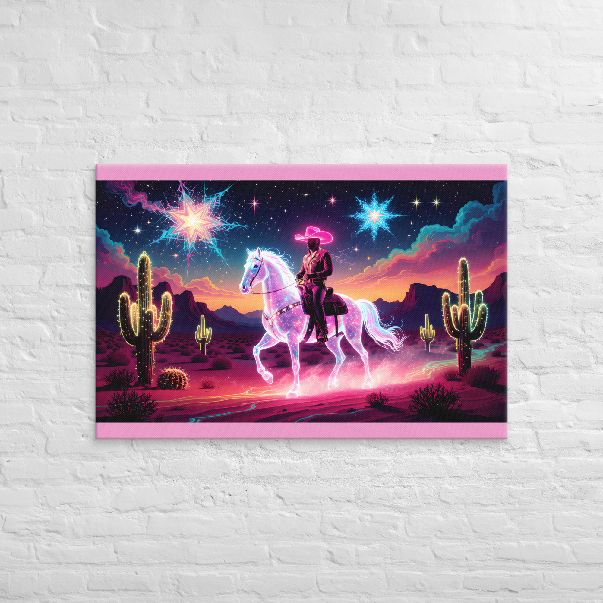 Psychedelic Cowboy Wall Art 12 32 × 48-inch psychedelic cowboy wall art showing a cowboy riding a glowing horse through a cactus-filled desert beneath colourful stars.