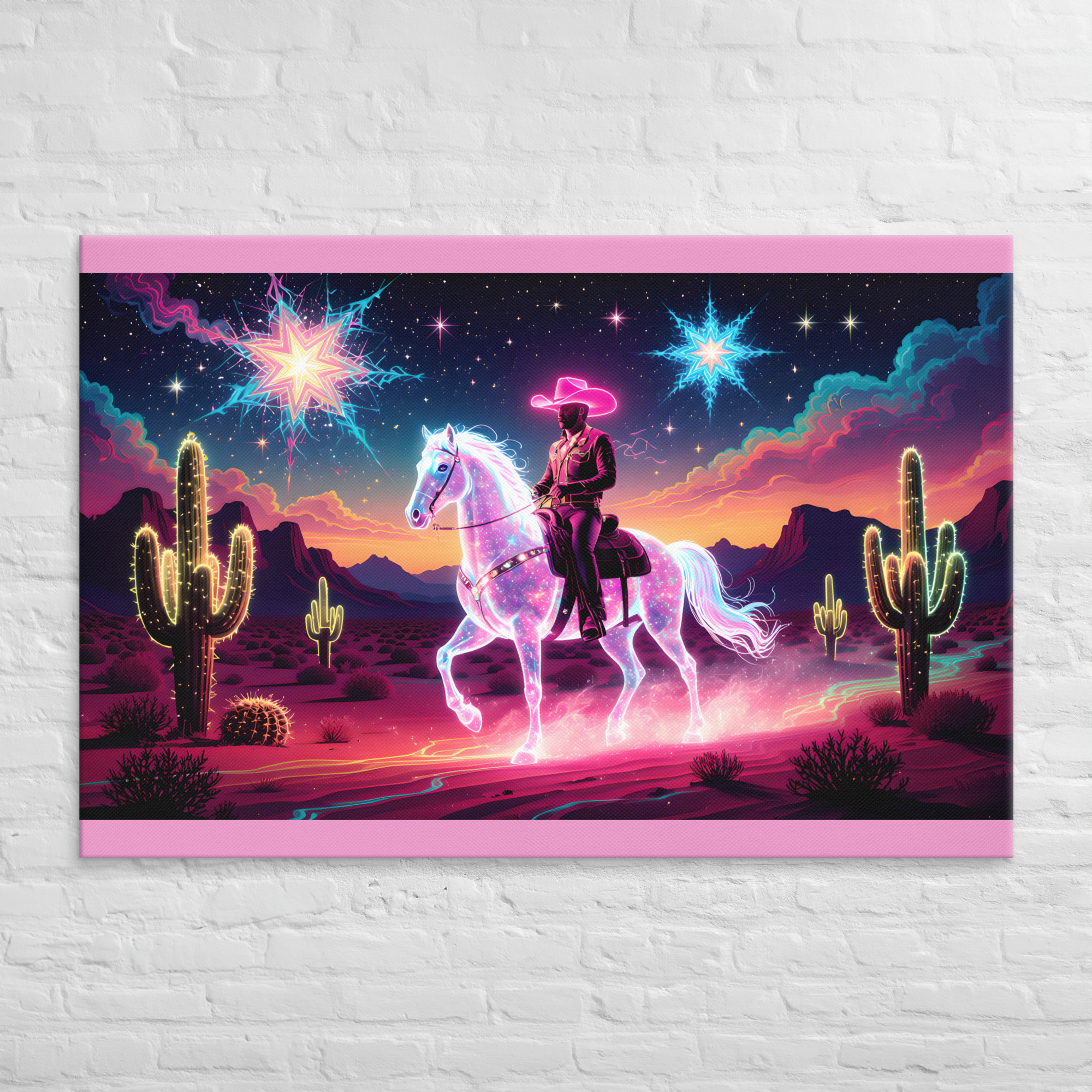 Psychedelic Cowboy Wall Art 13 40 × 60-inch psychedelic cowboy wall art showing a cowboy riding a glowing horse through a cactus-filled desert beneath colourful stars.
