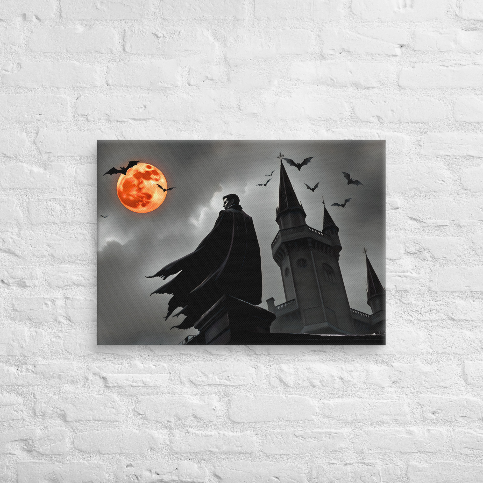 Vampire Castle Halloween Canvas Art 5 20 × 28-inch vampire castle Halloween canvas art showing a cloaked vampire beside castle towers beneath an orange full moon and flying bats.