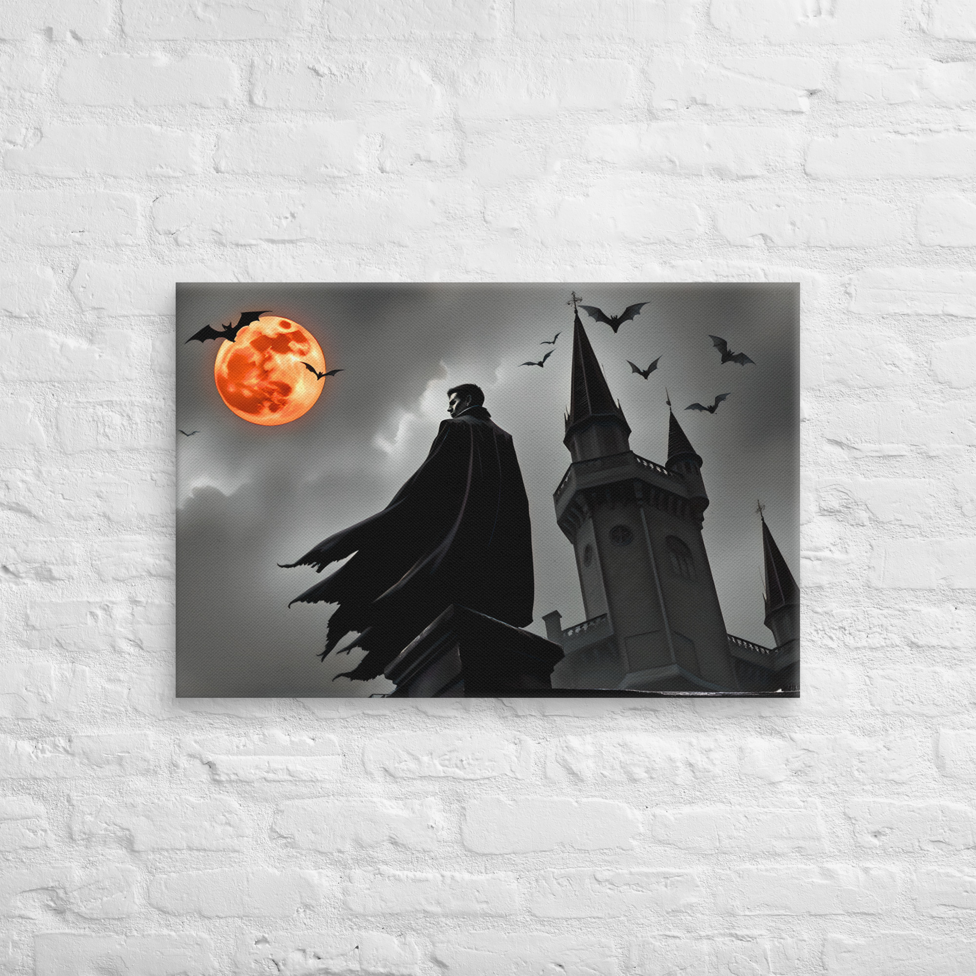 Vampire Castle Halloween Canvas Art 6 20 × 30-inch vampire castle Halloween canvas art showing a cloaked vampire beside castle towers beneath an orange full moon and flying bats.