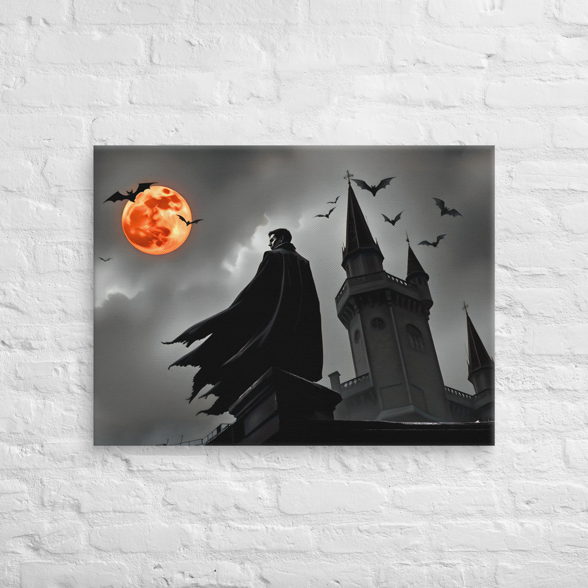 Vampire Castle Halloween Canvas Art 7 24 × 32-inch vampire castle Halloween canvas art showing a cloaked vampire beside castle towers beneath an orange full moon and flying bats.