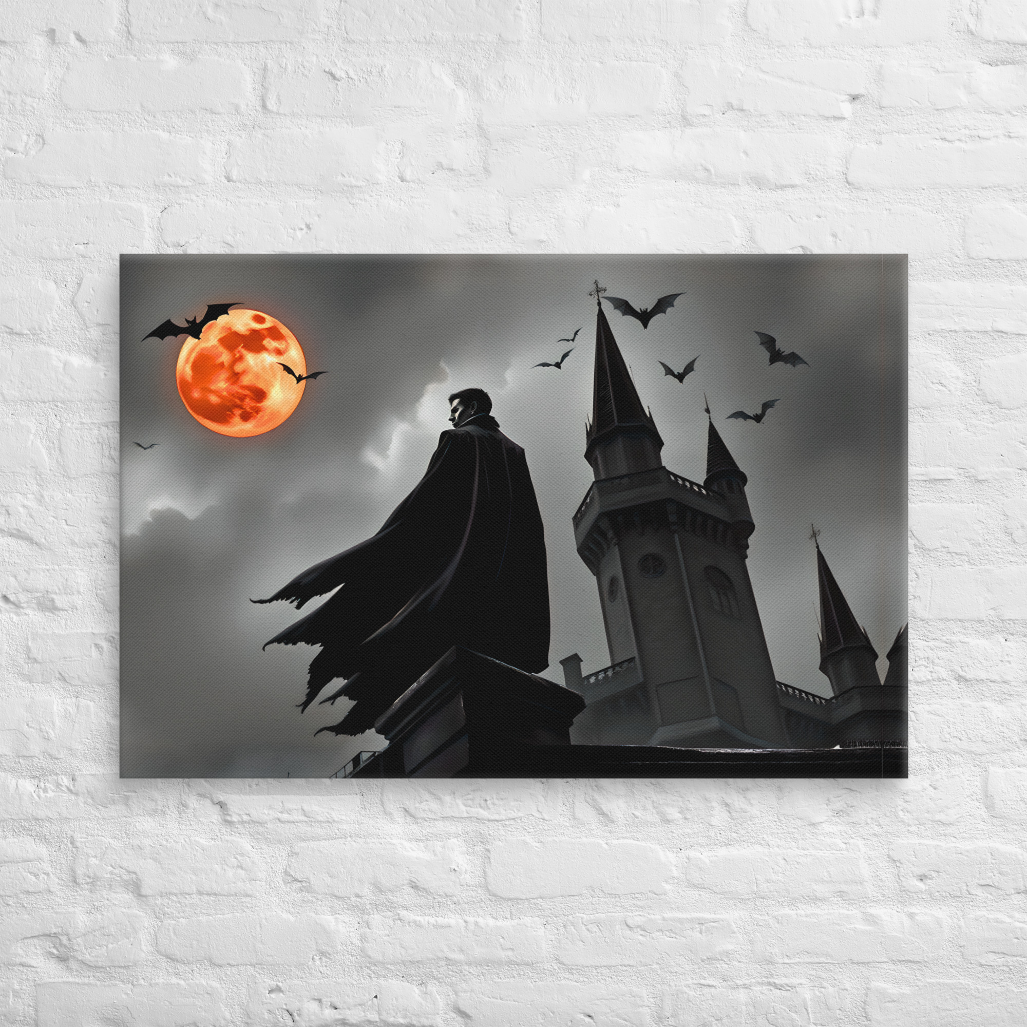 Vampire Castle Halloween Canvas Art 13 24 × 36-inch vampire castle Halloween canvas art showing a cloaked vampire beside castle towers beneath an orange full moon and flying bats.