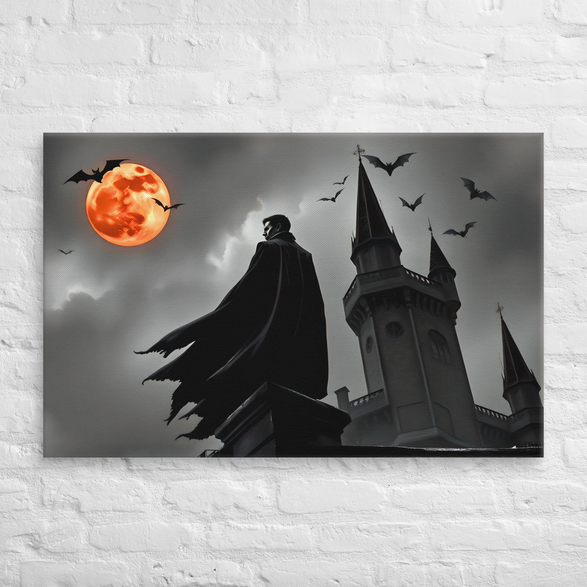 Vampire Castle Halloween Canvas Art 8 26 × 40-inch vampire castle Halloween canvas art showing a cloaked vampire beside castle towers beneath an orange full moon and flying bats.