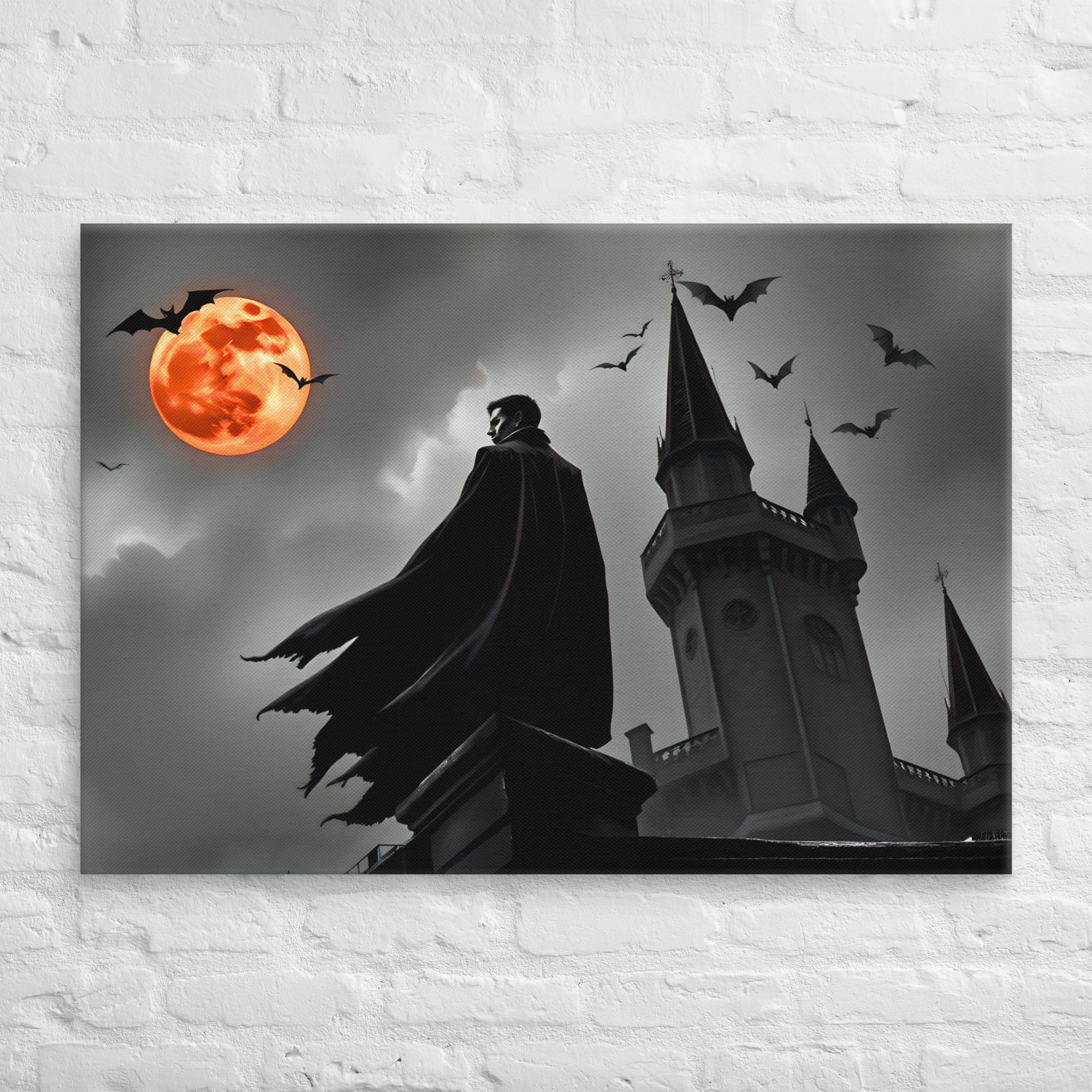Vampire Castle Halloween Canvas Art 9 28 × 40-inch vampire castle Halloween canvas art showing a cloaked vampire beside castle towers beneath an orange full moon and flying bats.