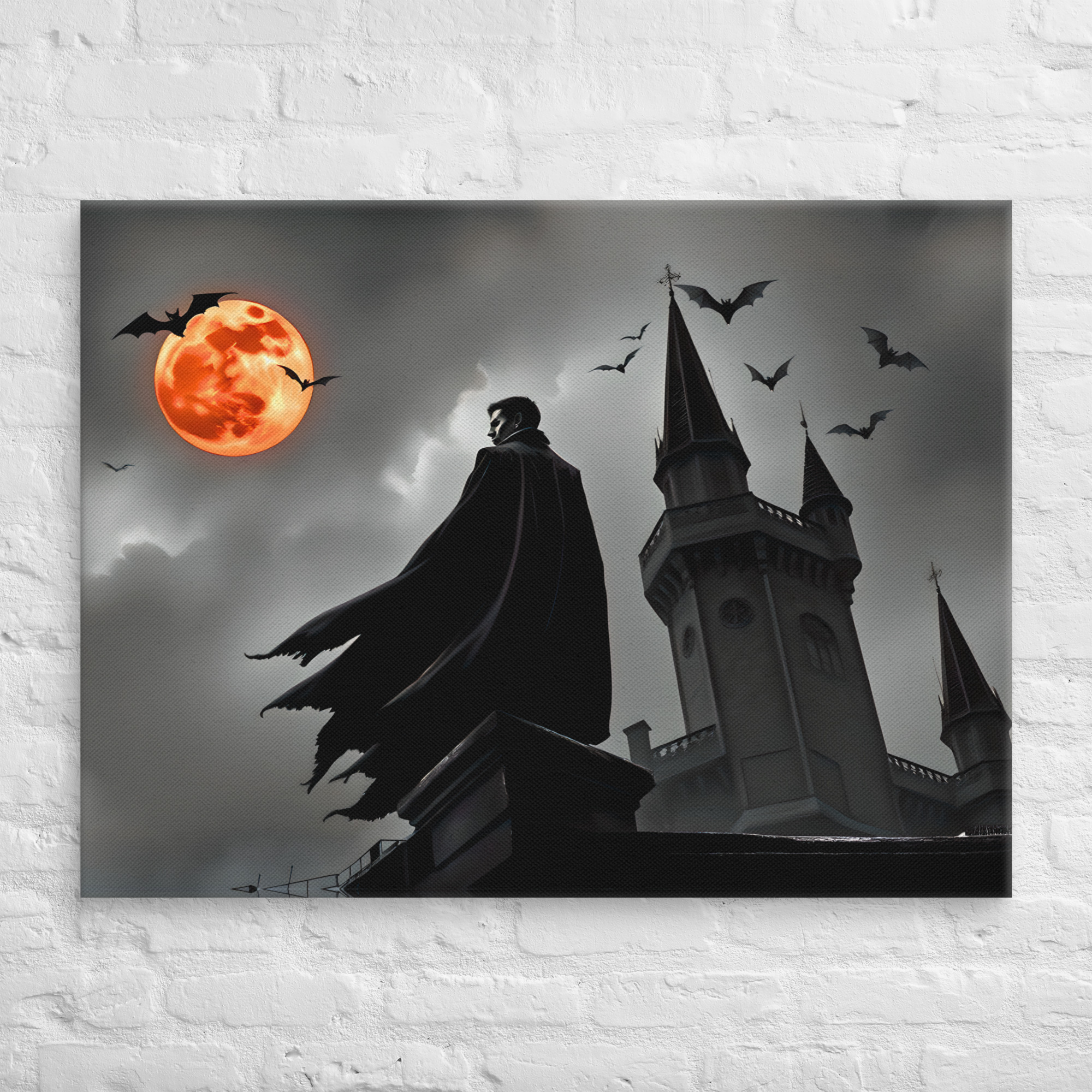 Vampire Castle Halloween Canvas Art 10 30 × 40-inch vampire castle Halloween canvas art showing a cloaked vampire beside castle towers beneath an orange full moon and flying bats.
