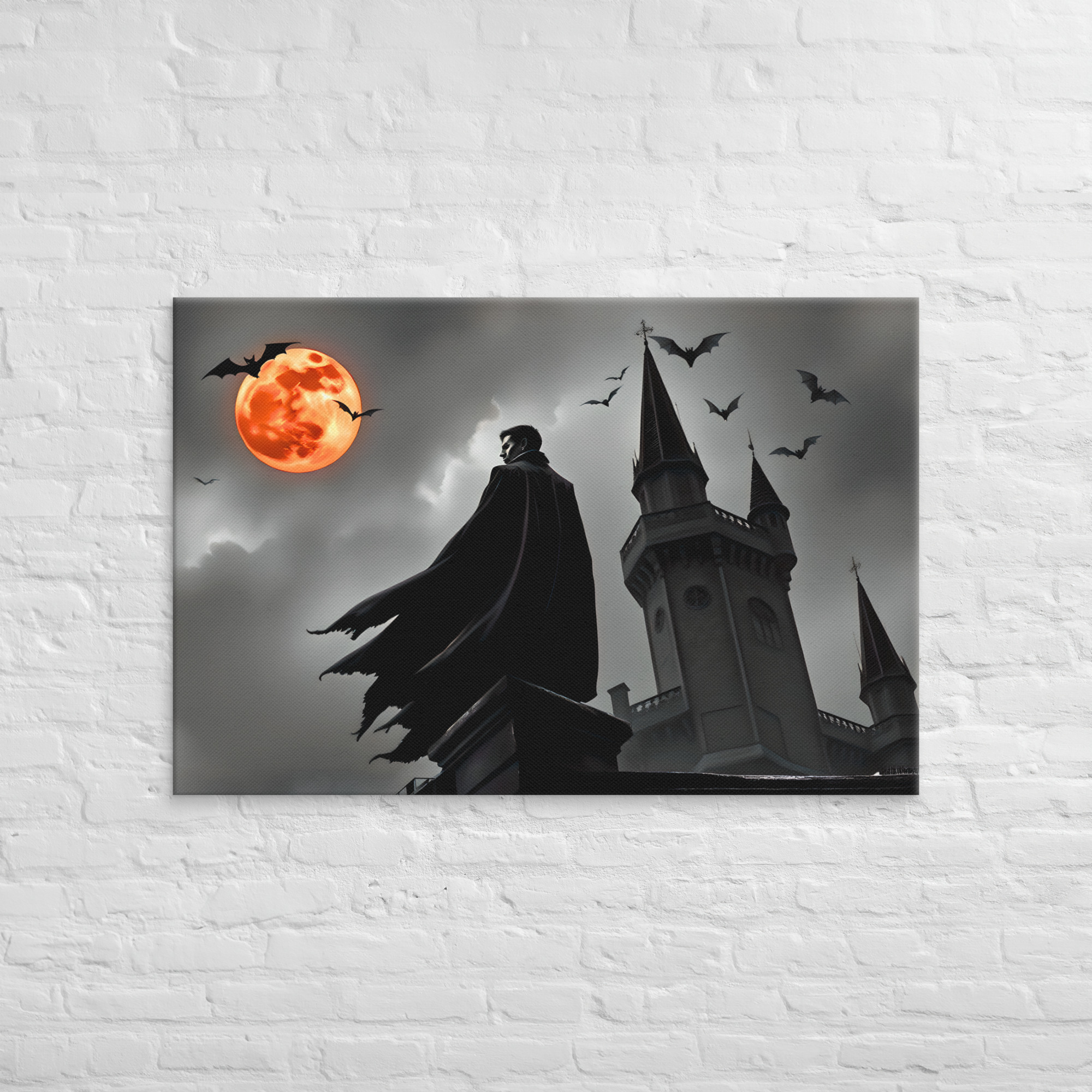 Vampire Castle Halloween Canvas Art 11 32 × 48-inch vampire castle Halloween canvas art showing a cloaked vampire beside castle towers beneath an orange full moon and flying bats.