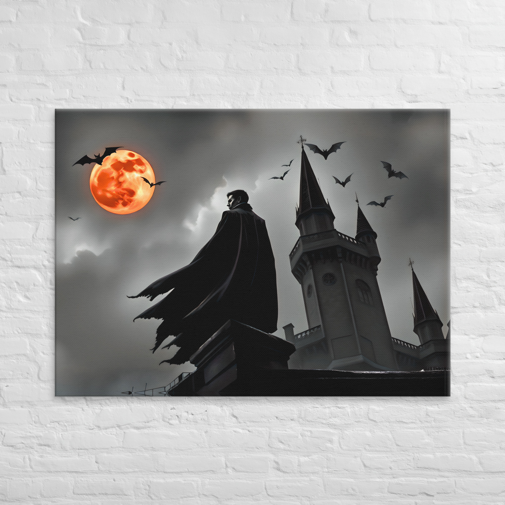 Vampire Castle Halloween Canvas Art 12 40 × 55-inch vampire castle Halloween canvas art showing a cloaked vampire beside castle towers beneath an orange full moon and flying bats.