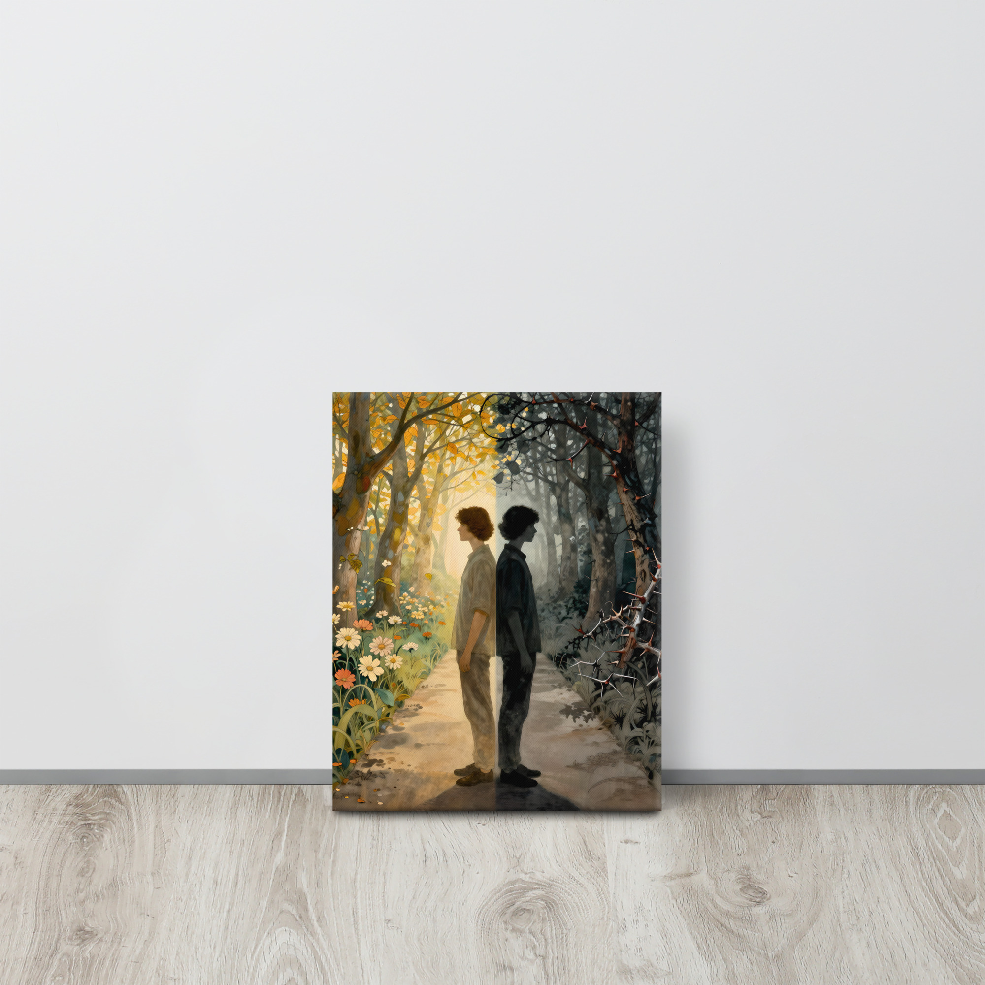 Haunting Doppelganger Art on Canvas – Light and Shadow 7 11 × 14-inch haunting doppelganger art showing a man and his dark double standing back to back between a golden flowering forest and shadowy thorn-covered woodland.