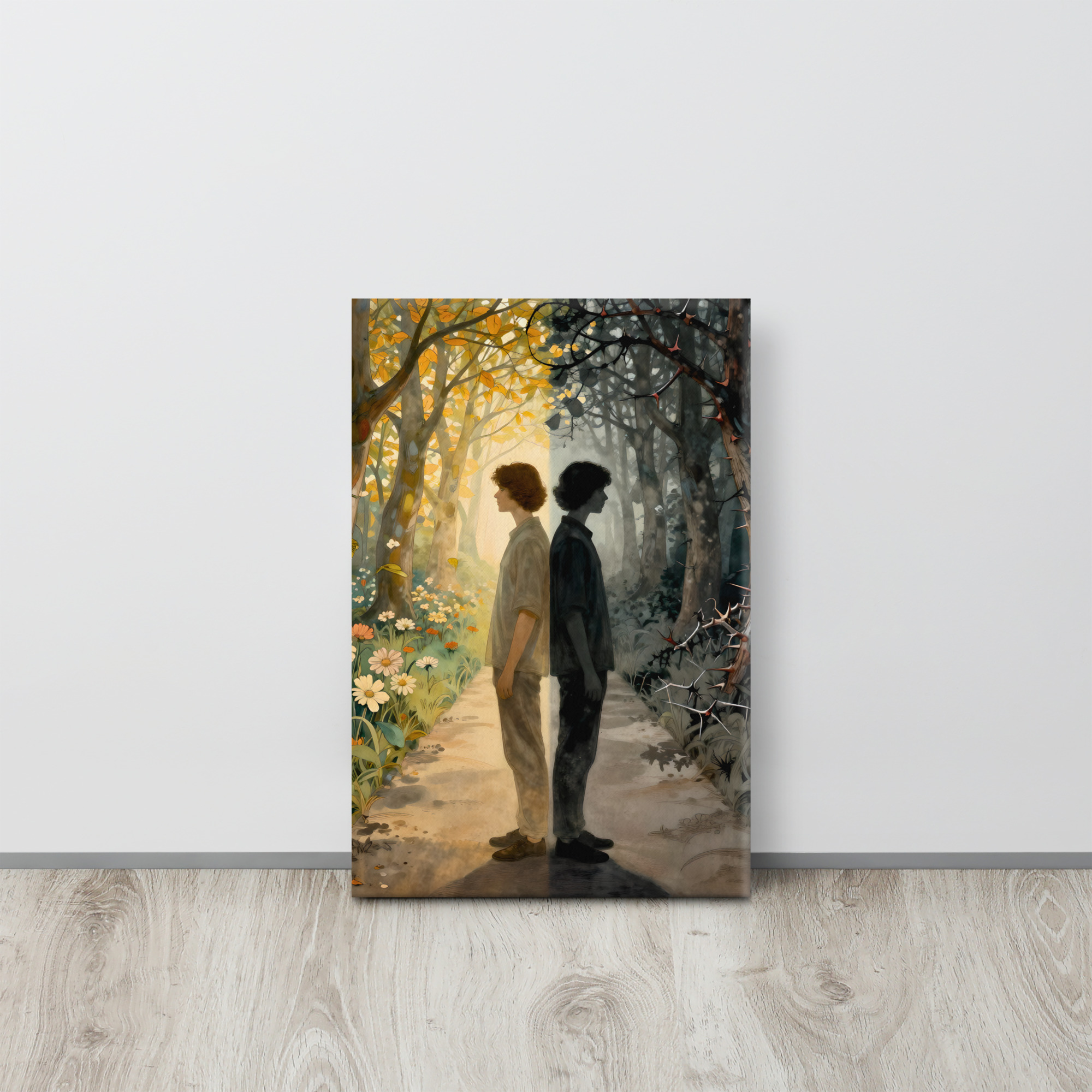 Haunting Doppelganger Art on Canvas – Light and Shadow 8 12 × 18-inch haunting doppelganger art showing a man and his dark double standing back to back between a golden flowering forest and shadowy thorn-covered woodland.