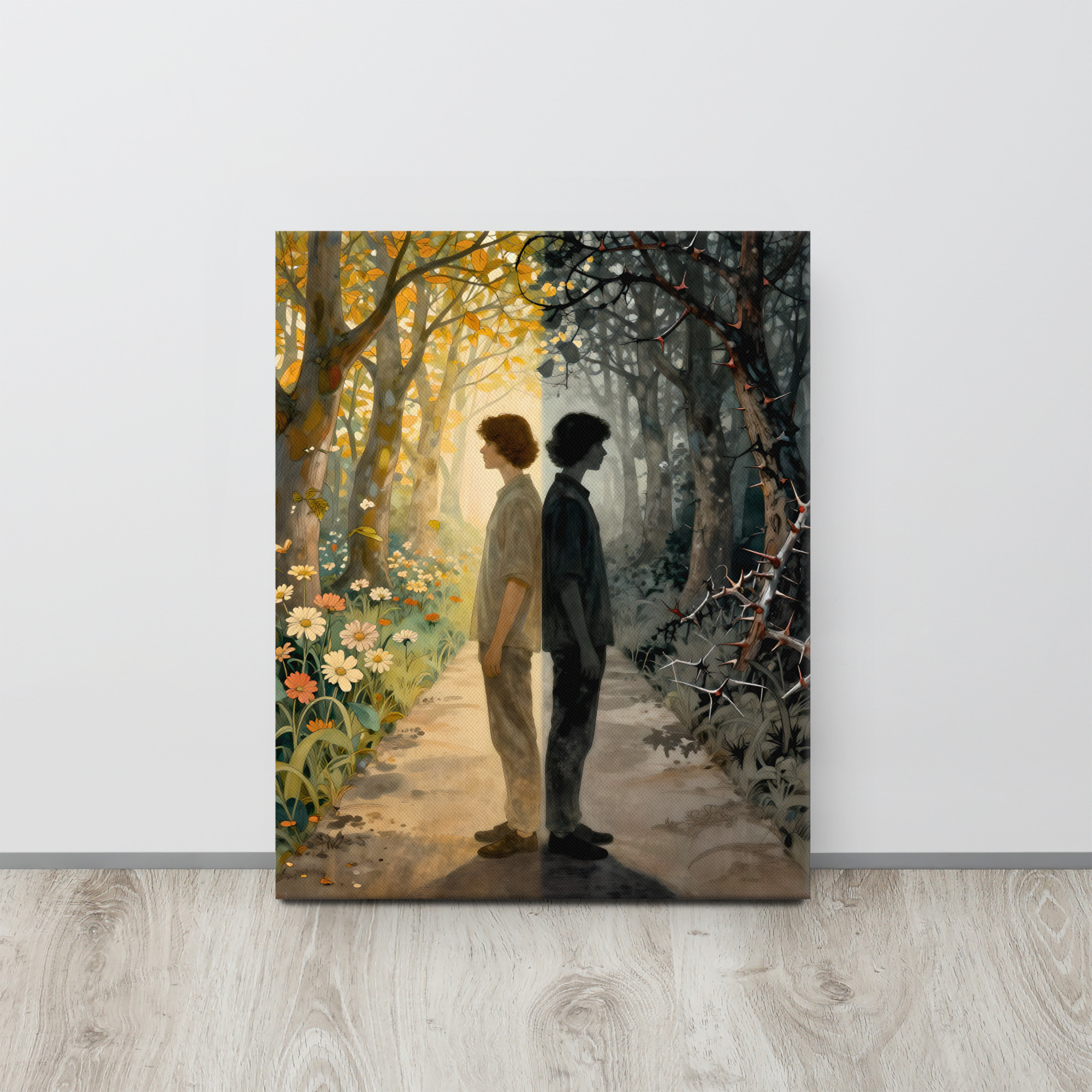Haunting Doppelganger Art on Canvas – Light and Shadow 5 16 × 20-inch haunting doppelganger art showing a man and his dark double standing back to back between a golden flowering forest and shadowy thorn-covered woodland.