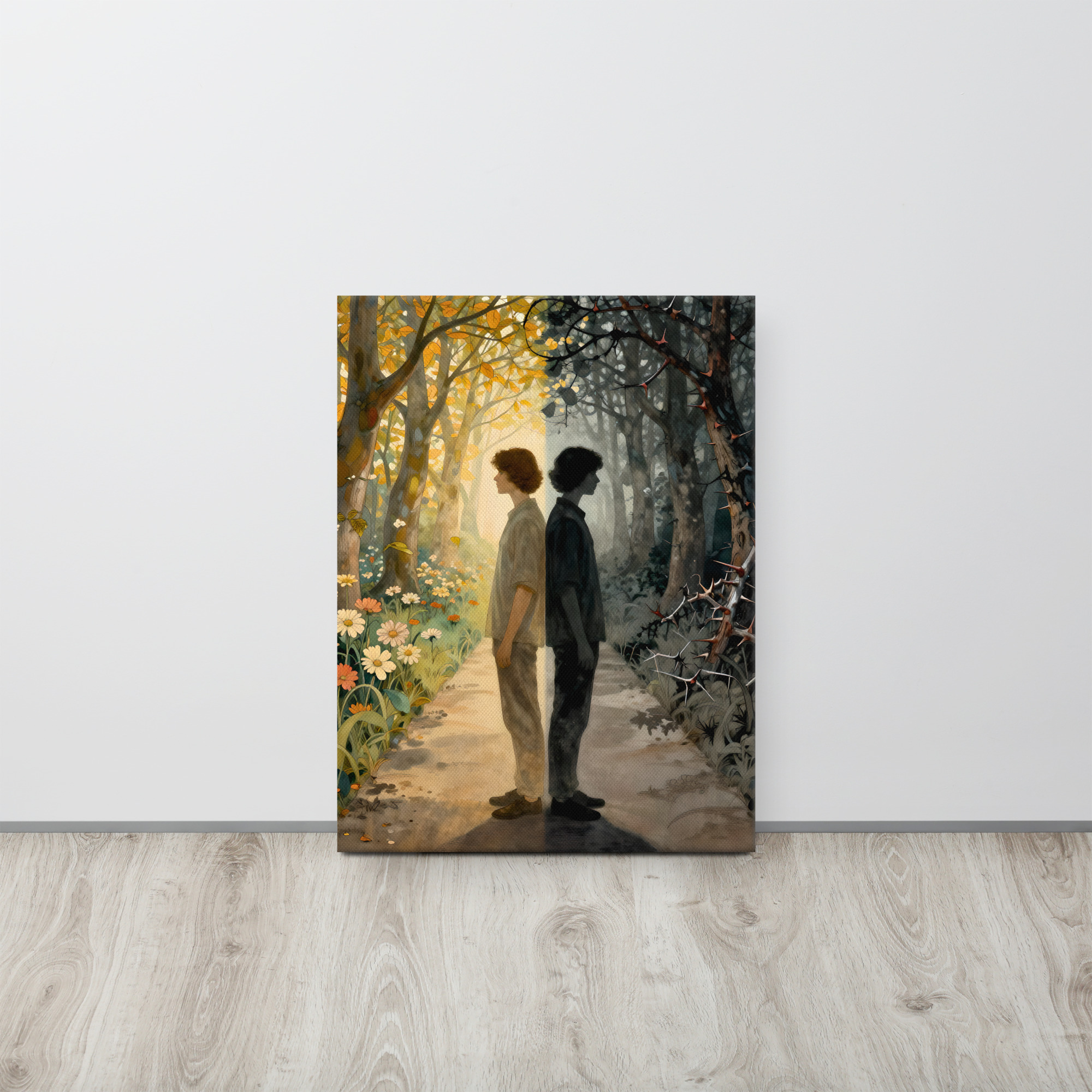 Haunting Doppelganger Art on Canvas – Light and Shadow 6 18 × 24-inch haunting doppelganger art showing a man and his dark double standing back to back between a golden flowering forest and shadowy thorn-covered woodland.