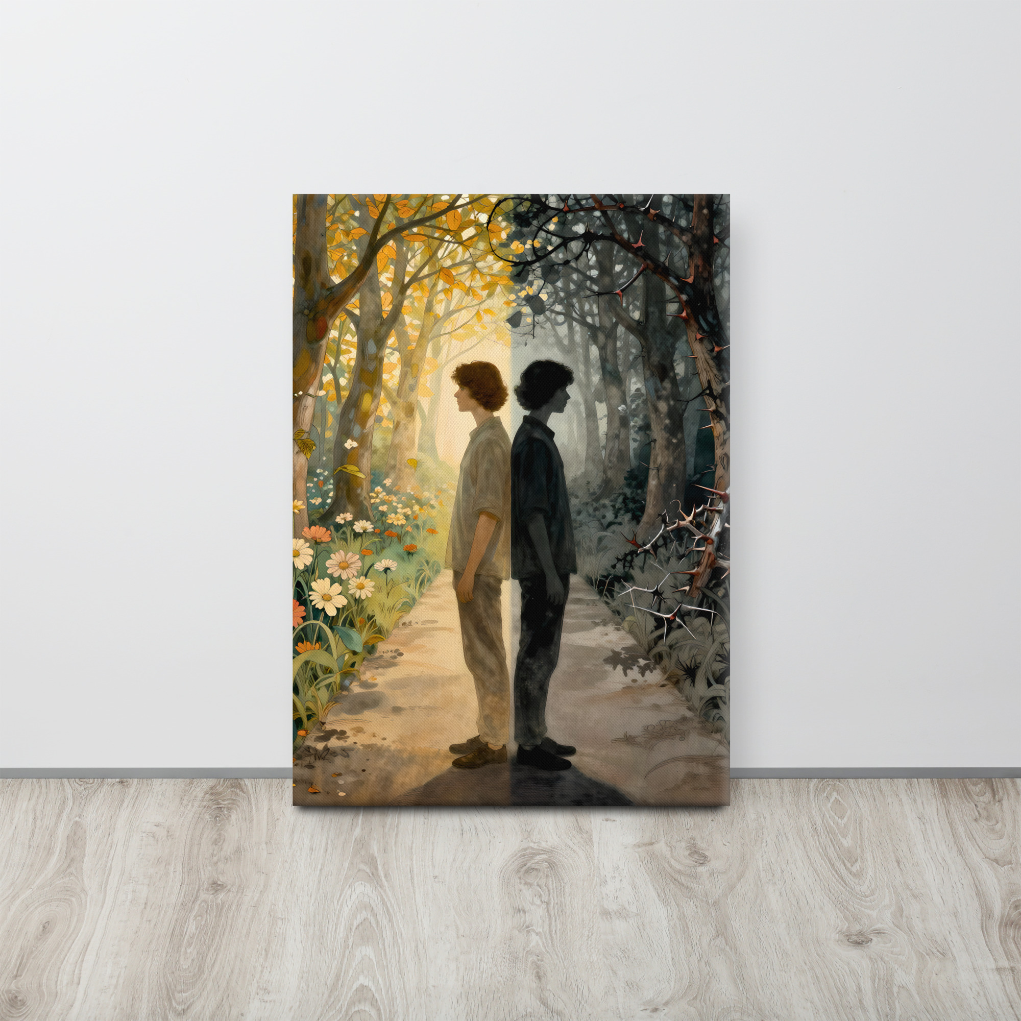 Haunting Doppelganger Art on Canvas – Light and Shadow 9 20 × 28-inch haunting doppelganger art showing a man and his dark double standing back to back between a golden flowering forest and shadowy thorn-covered woodland.