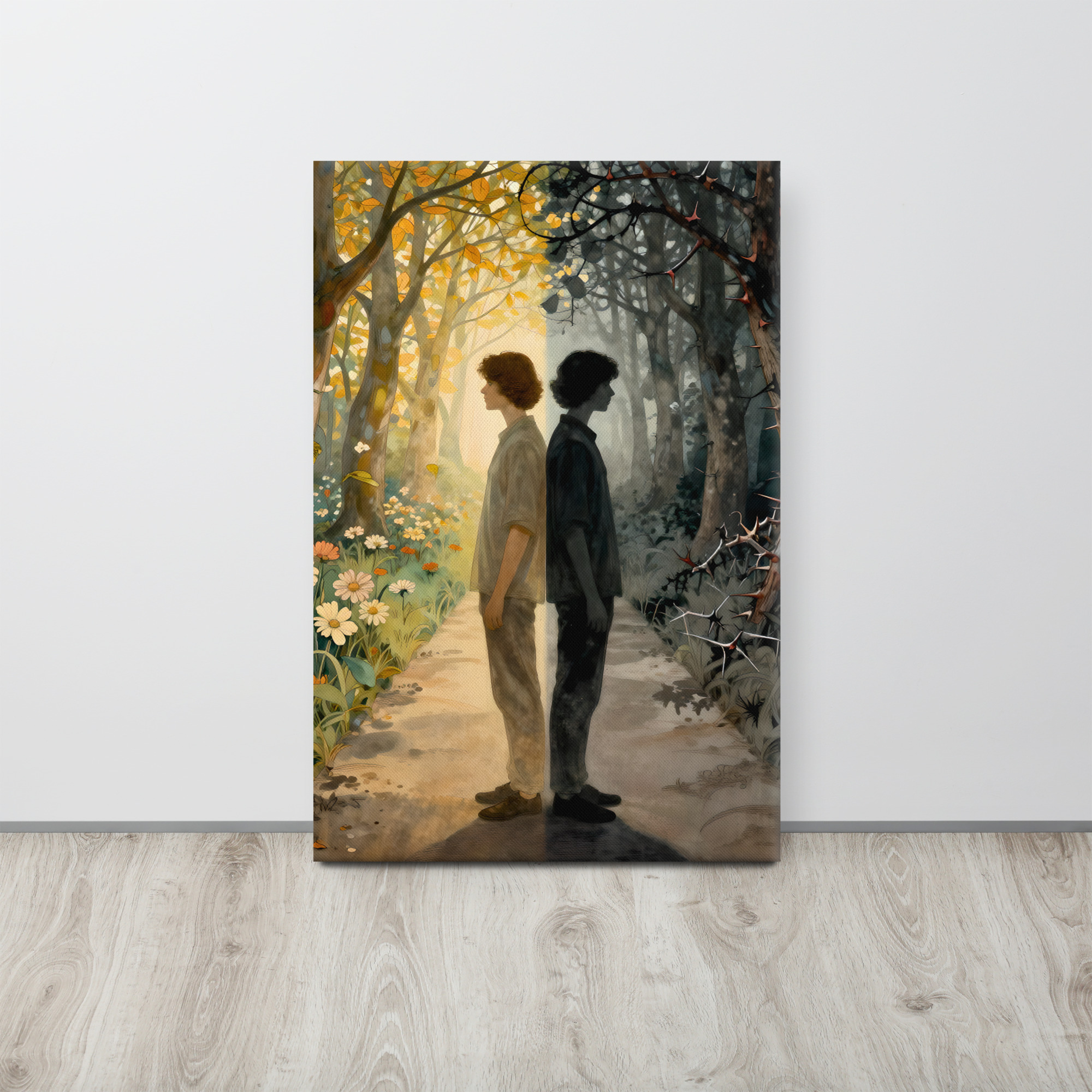 Haunting Doppelganger Art on Canvas – Light and Shadow 10 20 × 30-inch haunting doppelganger art showing a man and his dark double standing back to back between a golden flowering forest and shadowy thorn-covered woodland.