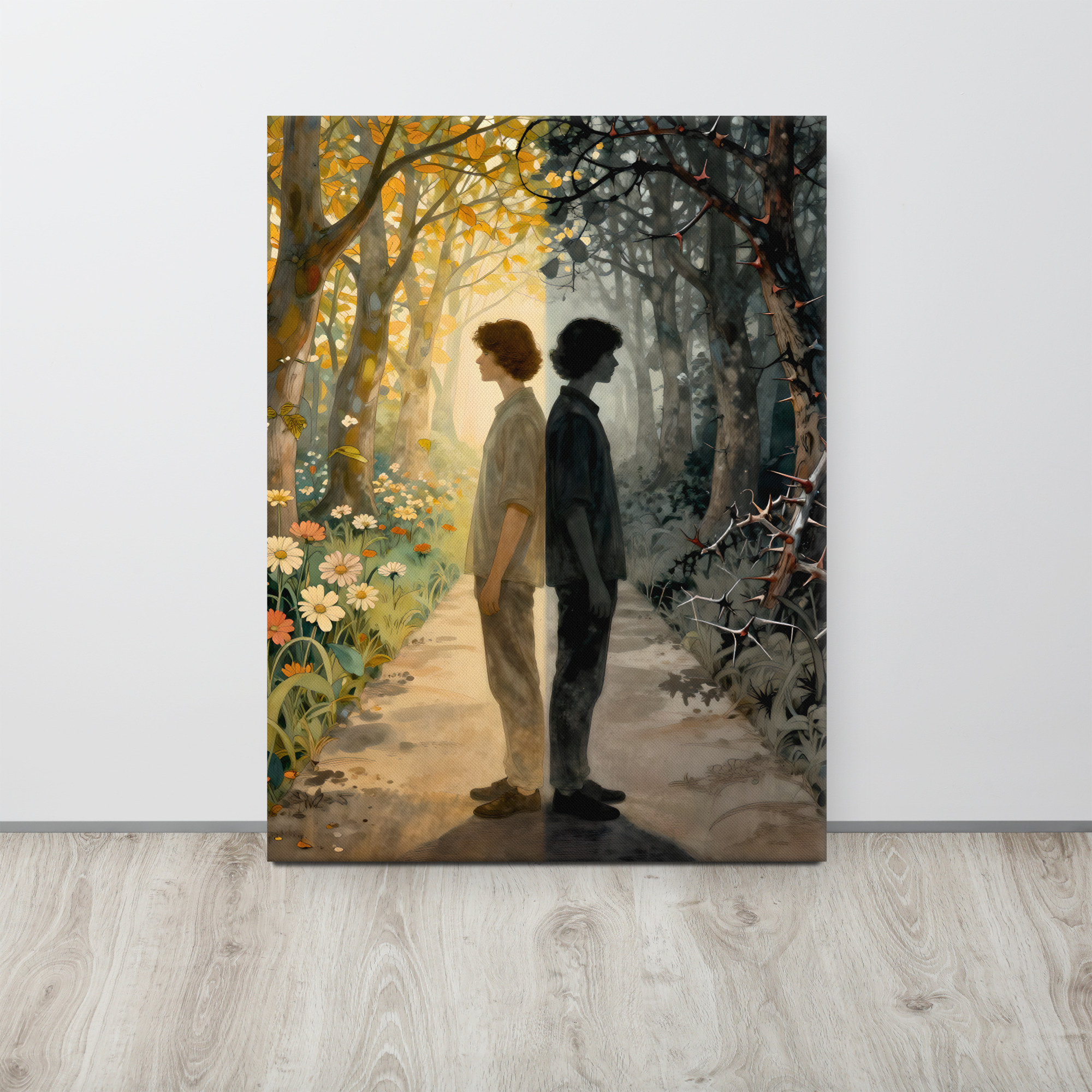 Haunting Doppelganger Art on Canvas – Light and Shadow 11 24 × 32-inch haunting doppelganger art showing a man and his dark double standing back to back between a golden flowering forest and shadowy thorn-covered woodland.