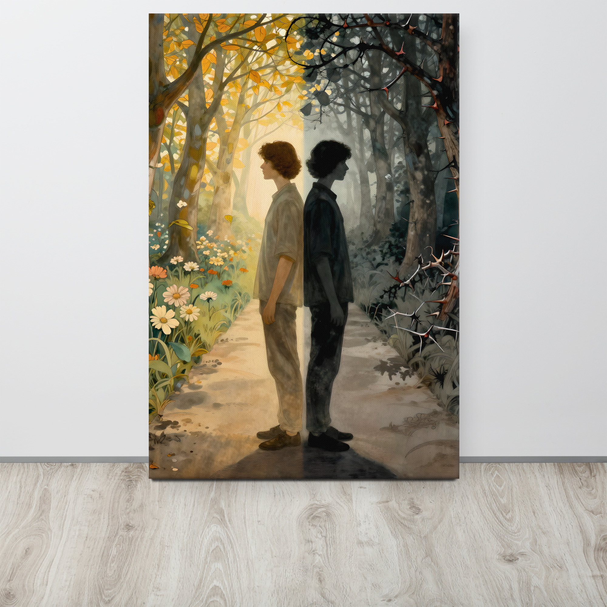 24 × 36-inch haunting doppelganger art showing a man and his dark double standing back to back between a golden flowering forest and shadowy thorn-covered woodland.