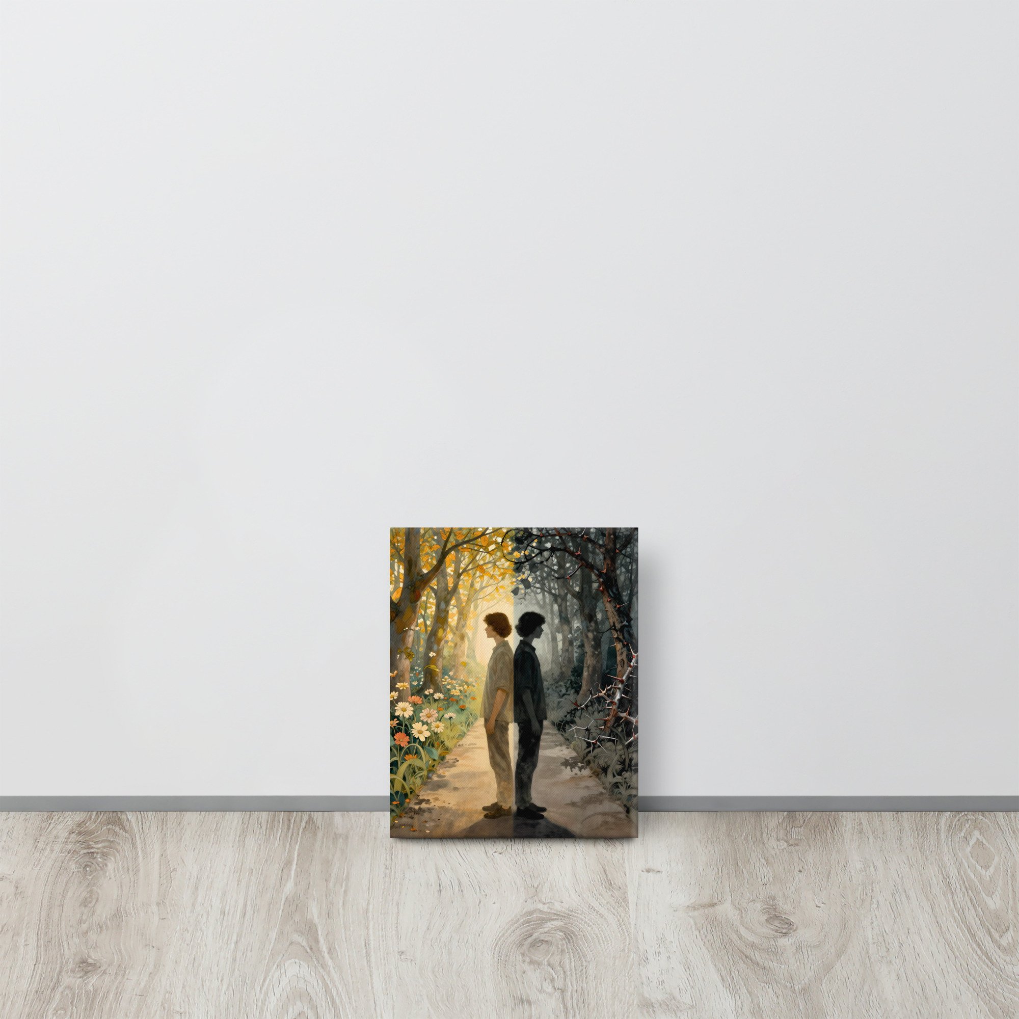Haunting Doppelganger Art on Canvas – Light and Shadow 12 8 × 10-inch haunting doppelganger art showing a man and his dark double standing back to back between a golden flowering forest and shadowy thorn-covered woodland.