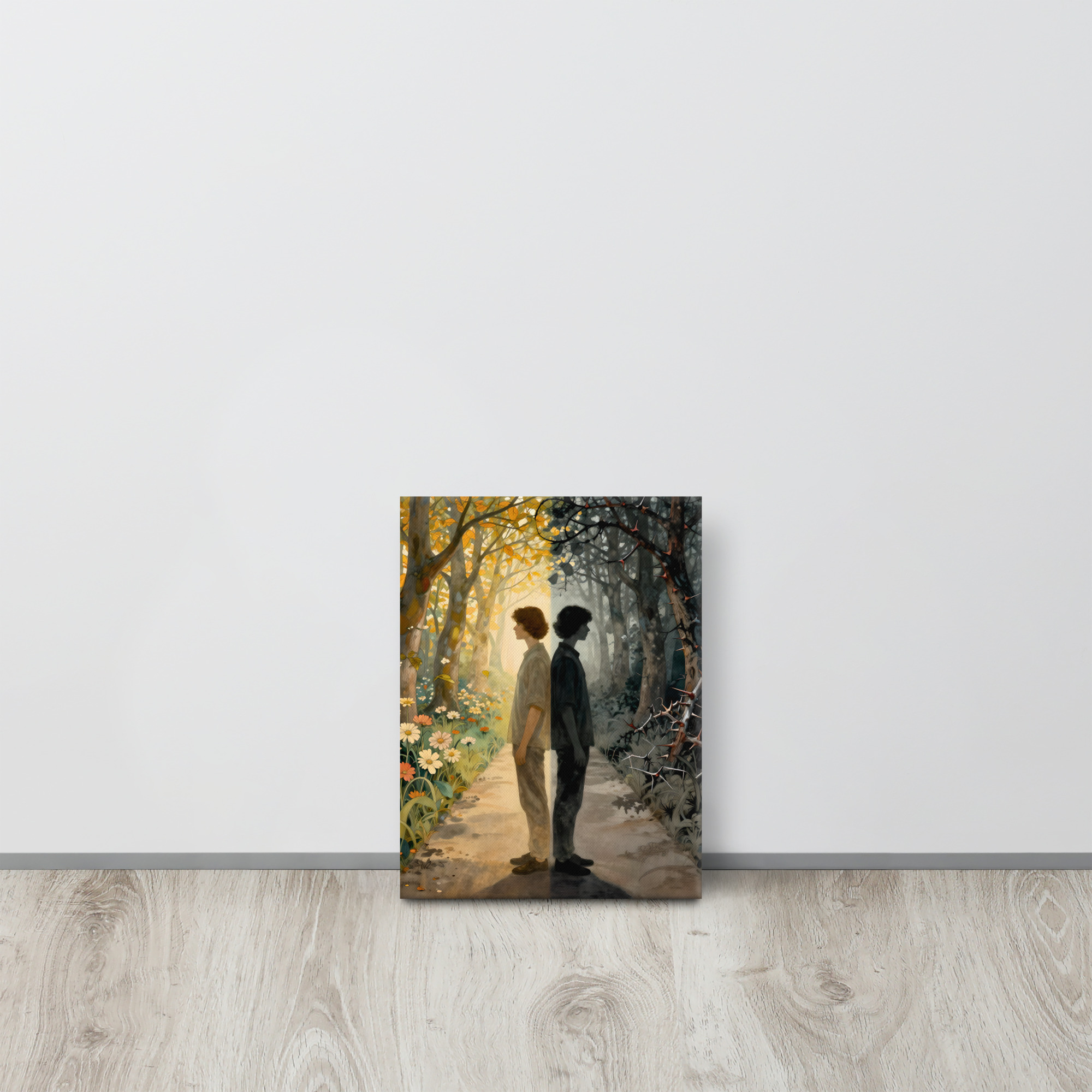 Haunting Doppelganger Art on Canvas – Light and Shadow 13 9 × 12-inch haunting doppelganger art showing a man and his dark double standing back to back between a golden flowering forest and shadowy thorn-covered woodland.